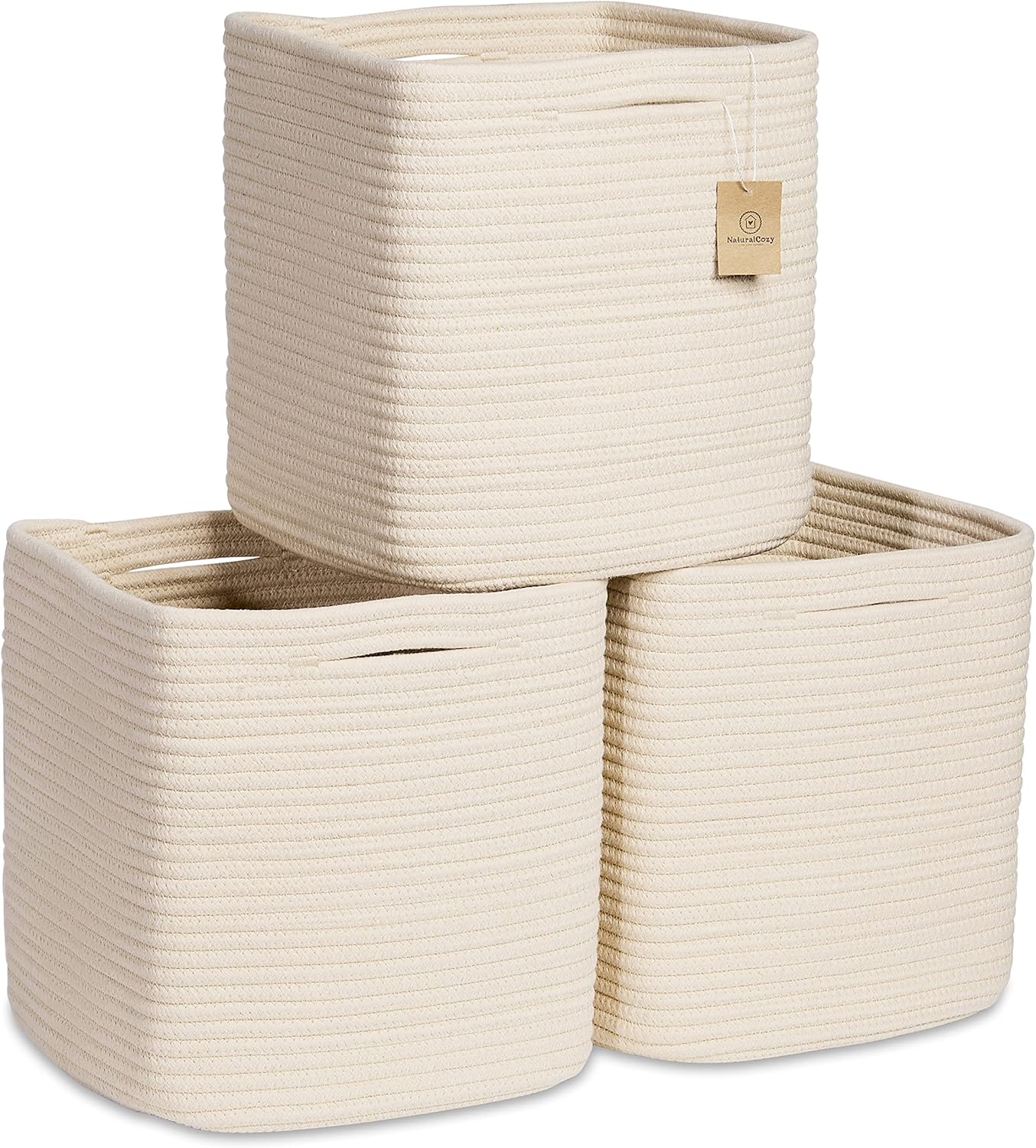 NaturalCozy Storage Cubes 11 Inch Cotton Rope Woven Baskets for Organizing, 3-Pack | Cube Storage
