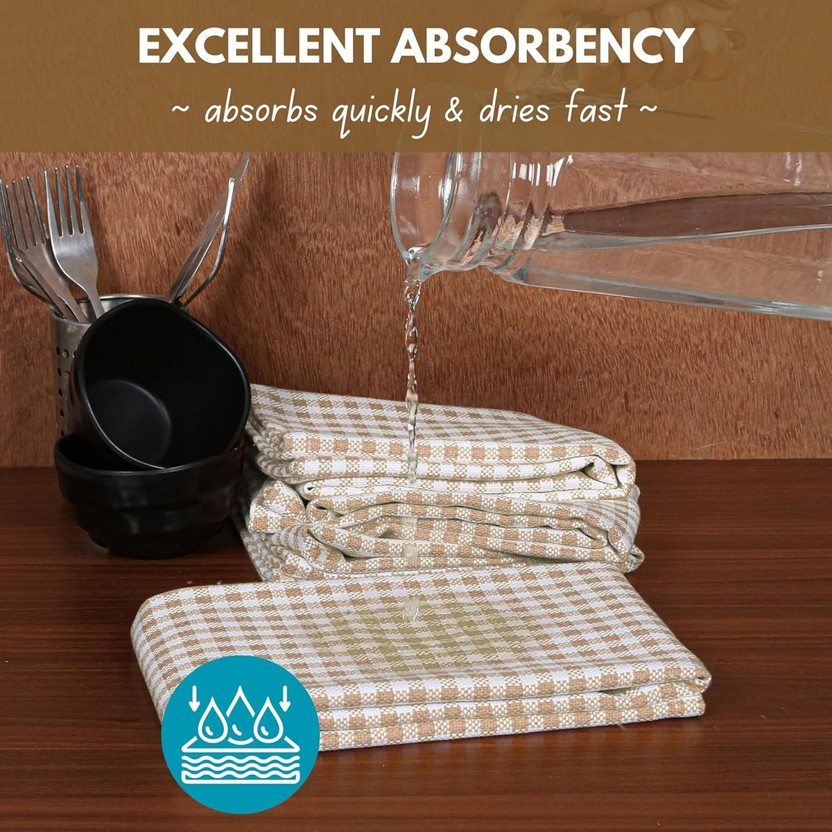 Native Fab 6 Pack Gingham Mini Check Kitchen Hand Towels Set - 100% Cotton Absorbent Reusable