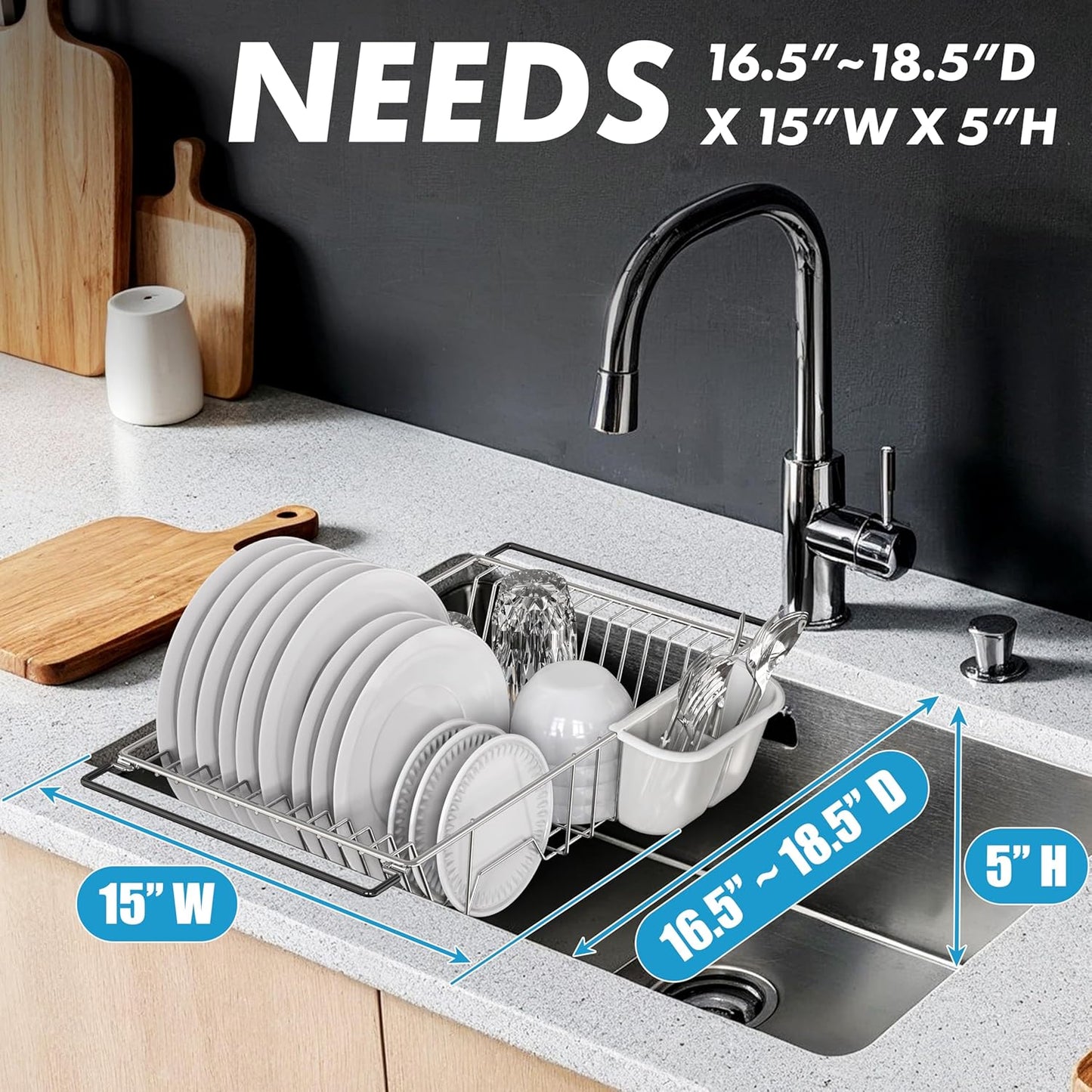 SIMPLE HOUSEWARE Large Over Sink Counter Top Stainless Steel Dish Drainer Drying Rack with Utensil