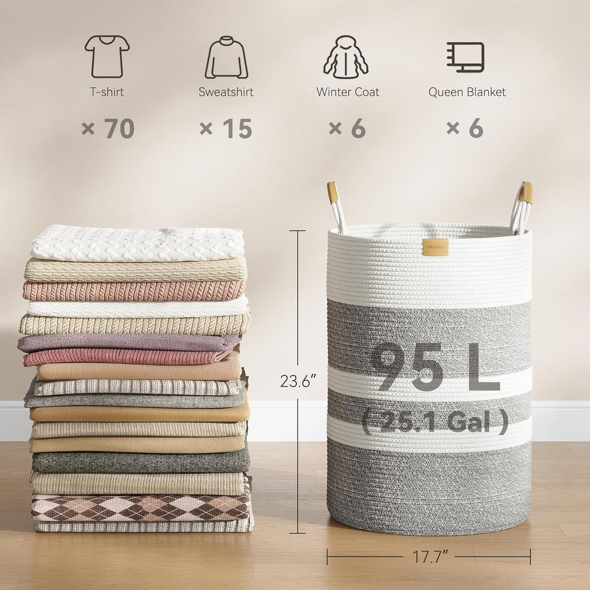 95L Striped Laundry Hamper with Leather Handles ,Large Foldable Laundry Basket for Clothes,Cotton