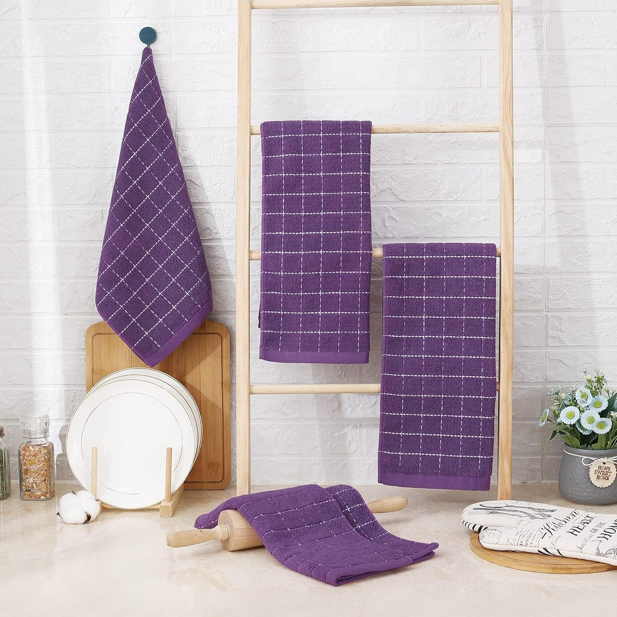 Homaxy 100% Cotton Terry Kitchen Towels(Purple, 13 x 28 inches), Checkered Designed, Soft and Super
