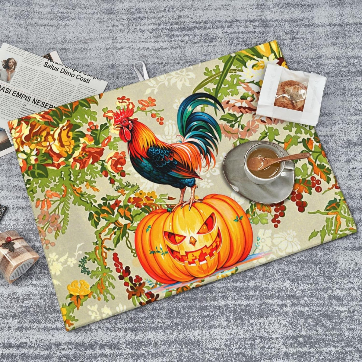 Rooster Pumpkin Dish Drying Mat Highly Absorbent Double-Sided Microfiber with Hanging Loop