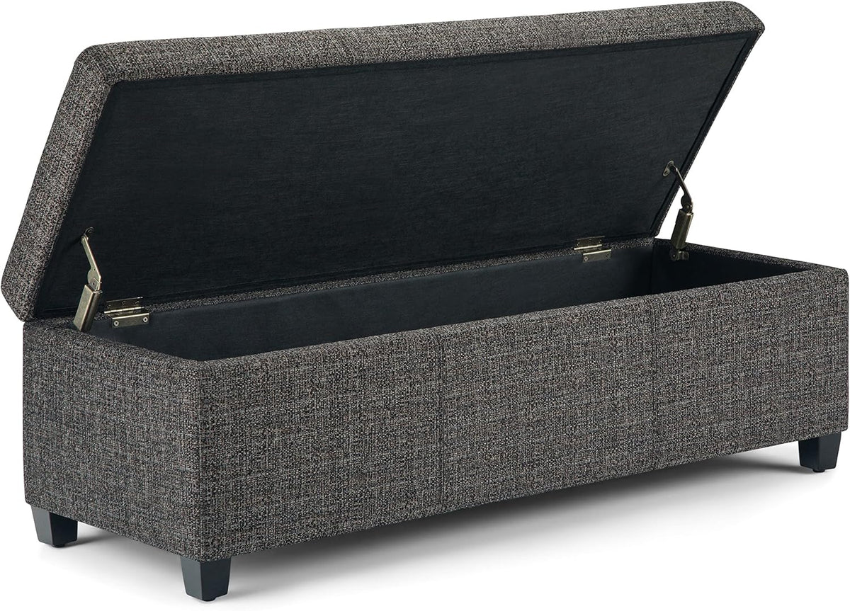 SIMPLIHOME Avalon 48 inch Wide Contemporary Rectangle Storage Ottoman Bench in Dark Grey Tweed Look