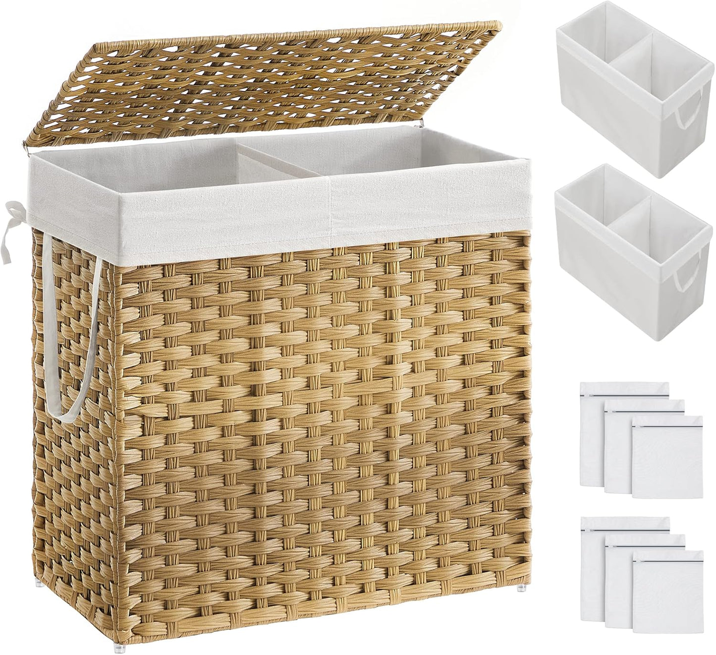 SONGMICS Laundry Hamper with Lid, 130L Clothes Hamper with 2 Removable Liner Bags, 6 Mesh Bags
