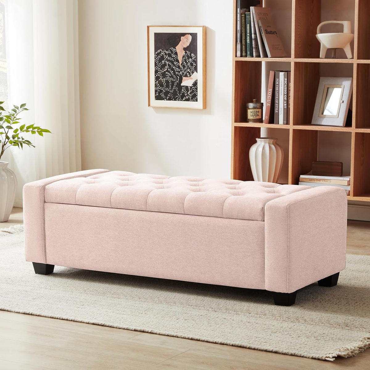 48" Ottoman with Storage, Pink Storage Ottoman Bench with Safety Hinge, Upholstered Entryway Bench