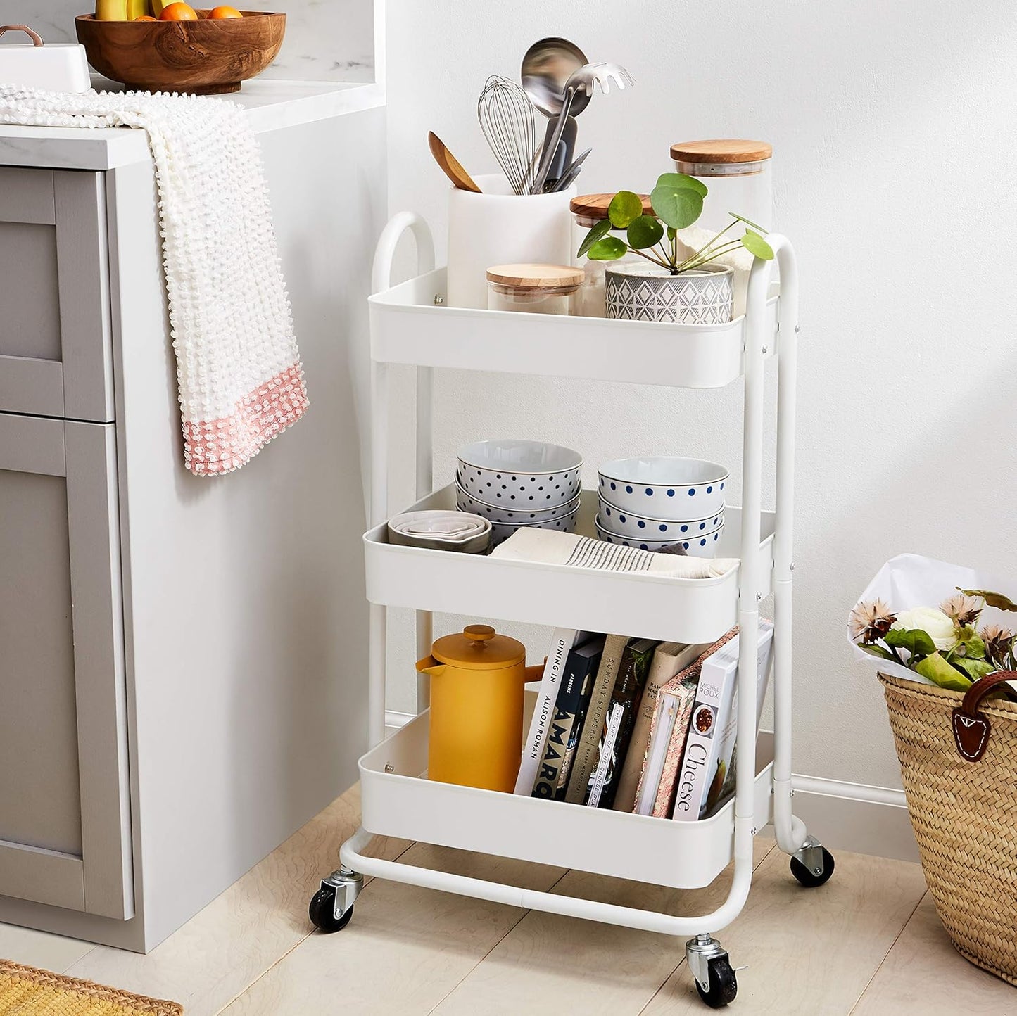Amazon Basics 3-Tier Rolling Utility or Kitchen Cart, Lockable Wheels, Multifunctional Storage