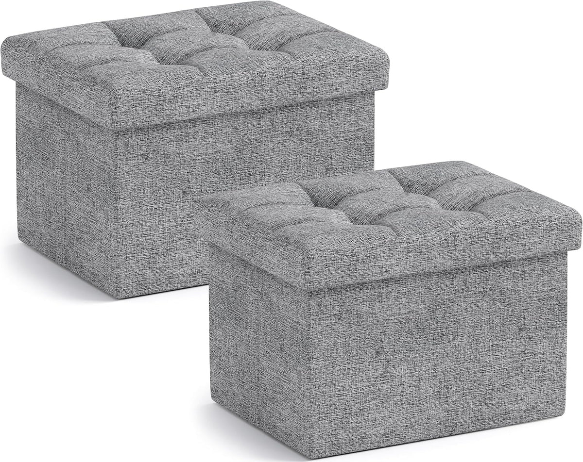 Ornavo Home Small Storage Ottoman, Set of 2, Foldable Collapsible Rectangle Linen Ottoman Foot Rest