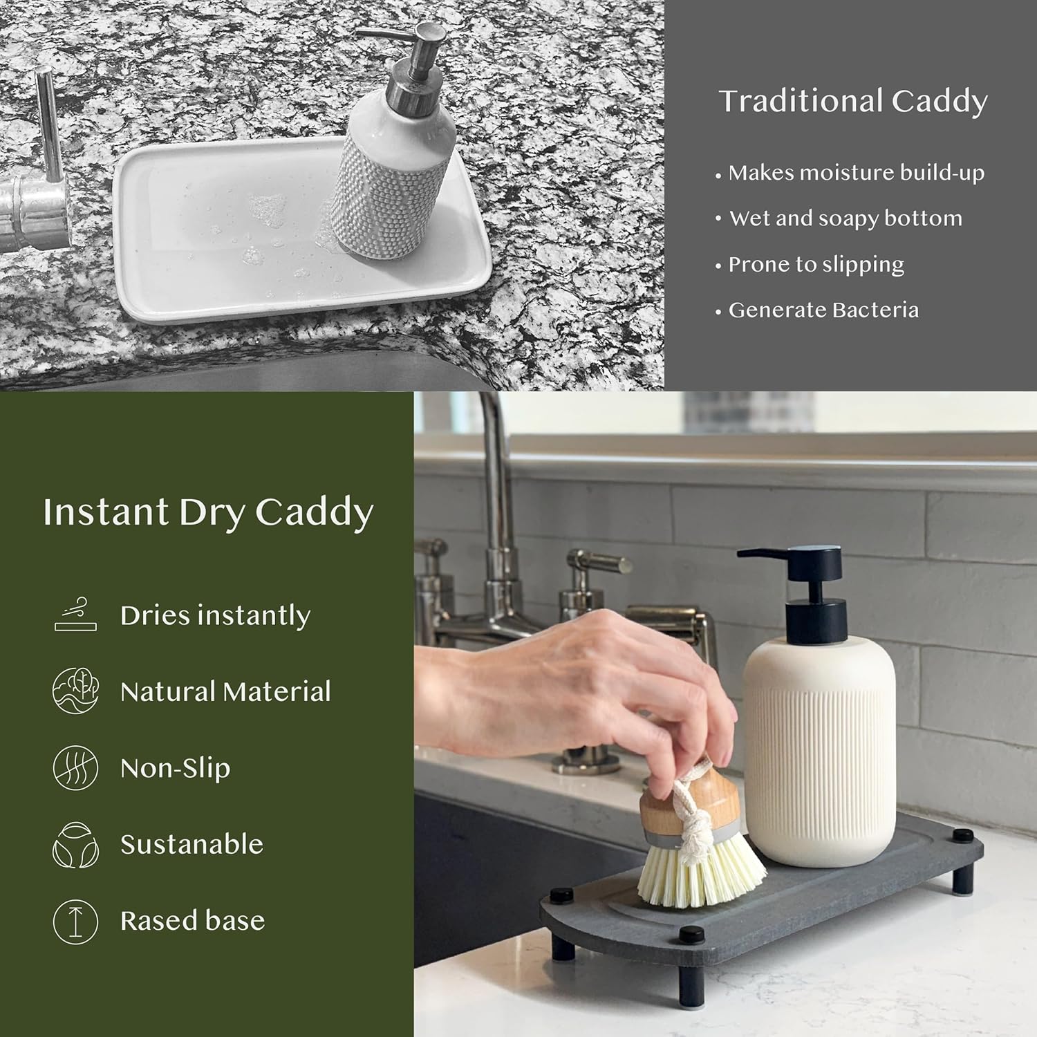 2PCS Instant Dry Sink Caddy Organizer, Fast Drying Sponge and Soap Dispenser Holder for Kitchen and