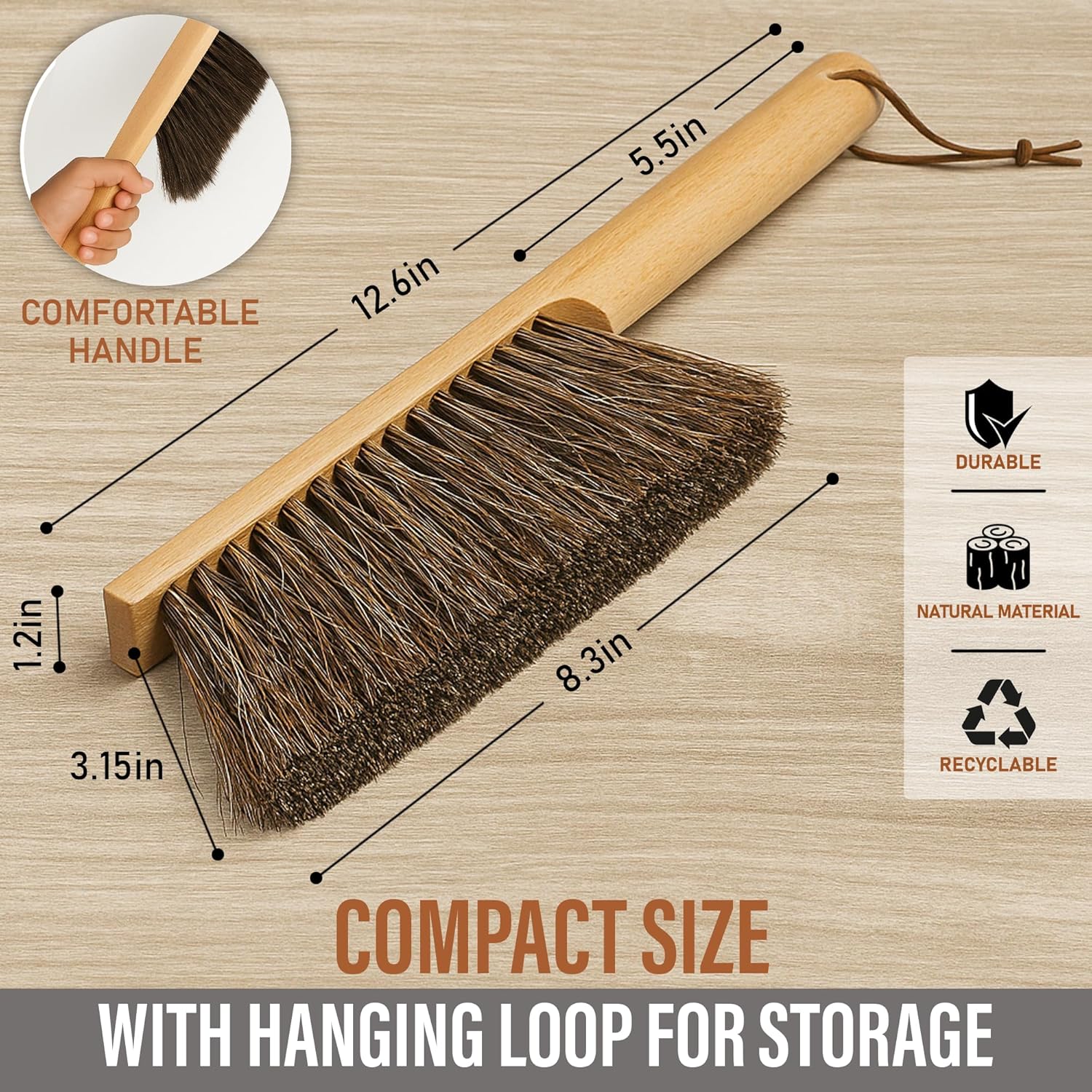 Takavu Multi-Purpose Counter Brush with Solid Wood Handle, Natural Horsehair Bristles for Gentle
