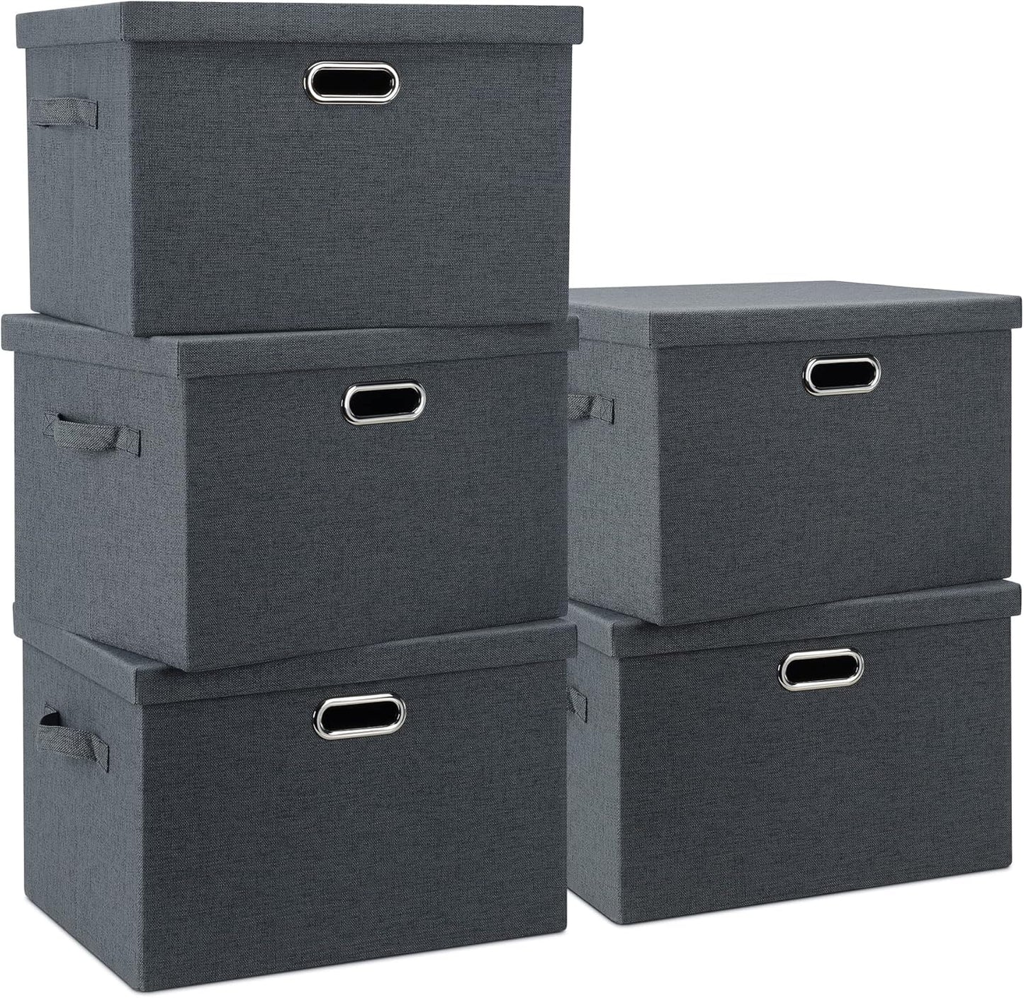 Large 17" 36 Quart Collapsible Stackable Storage Bins with Lids, 5 Packs Dark Gray Foldable Fabric