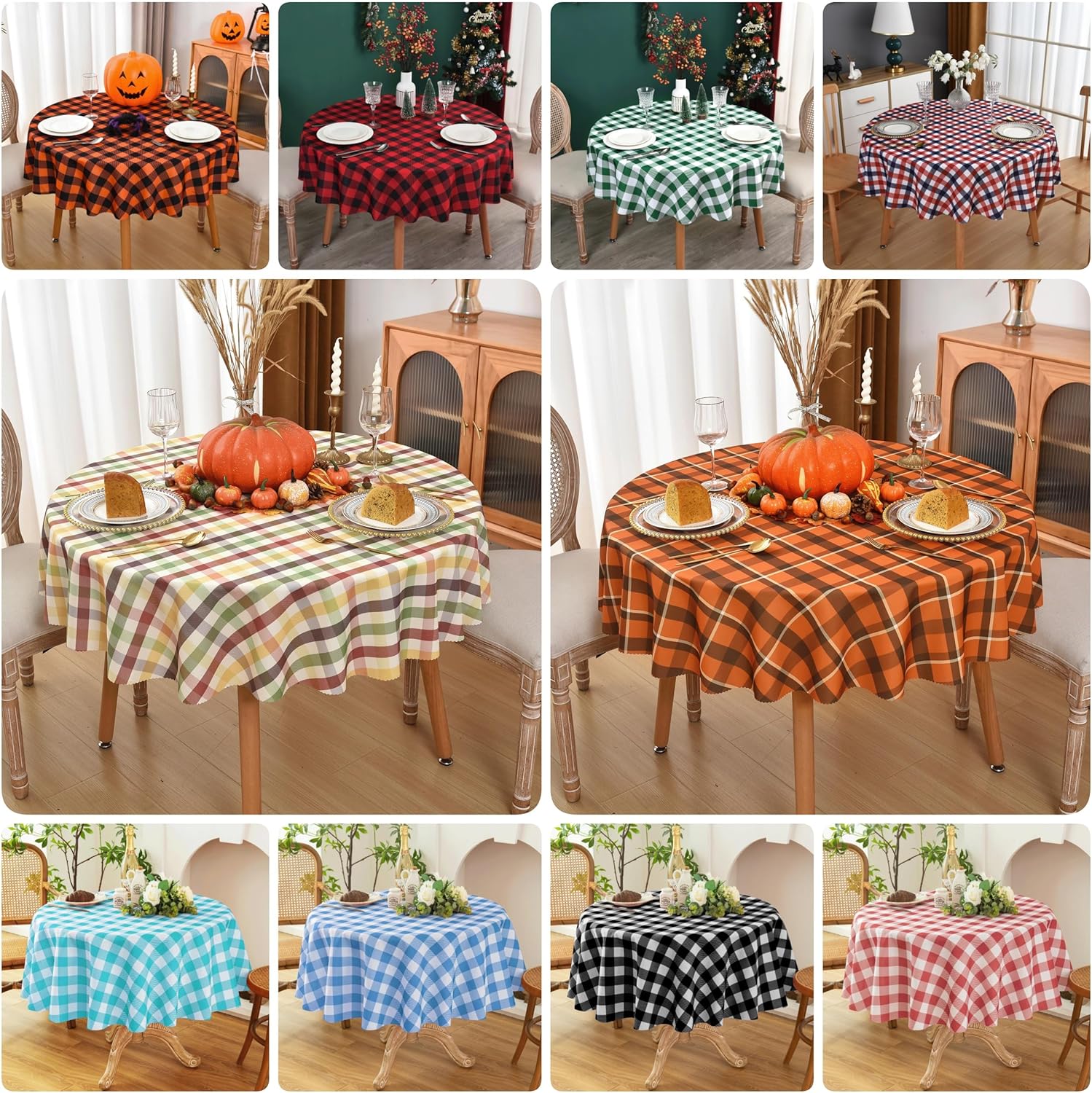 Waterproof Plaid Tablecloth Fabric - Round 58 Inch Classic Gingham Checker Table Cloth for