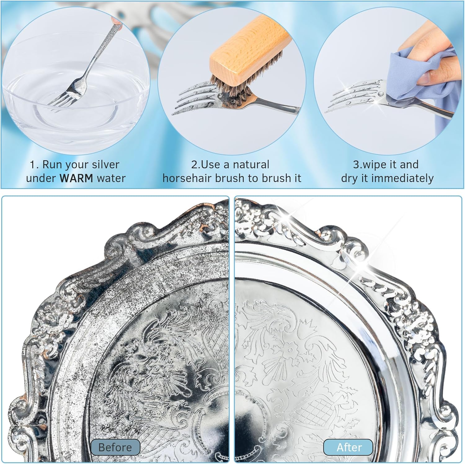 BFWood Horsehair Silver Brush - 2PCS Detailing Brush Set for Silverware - Jewelry Cleaning Brushes