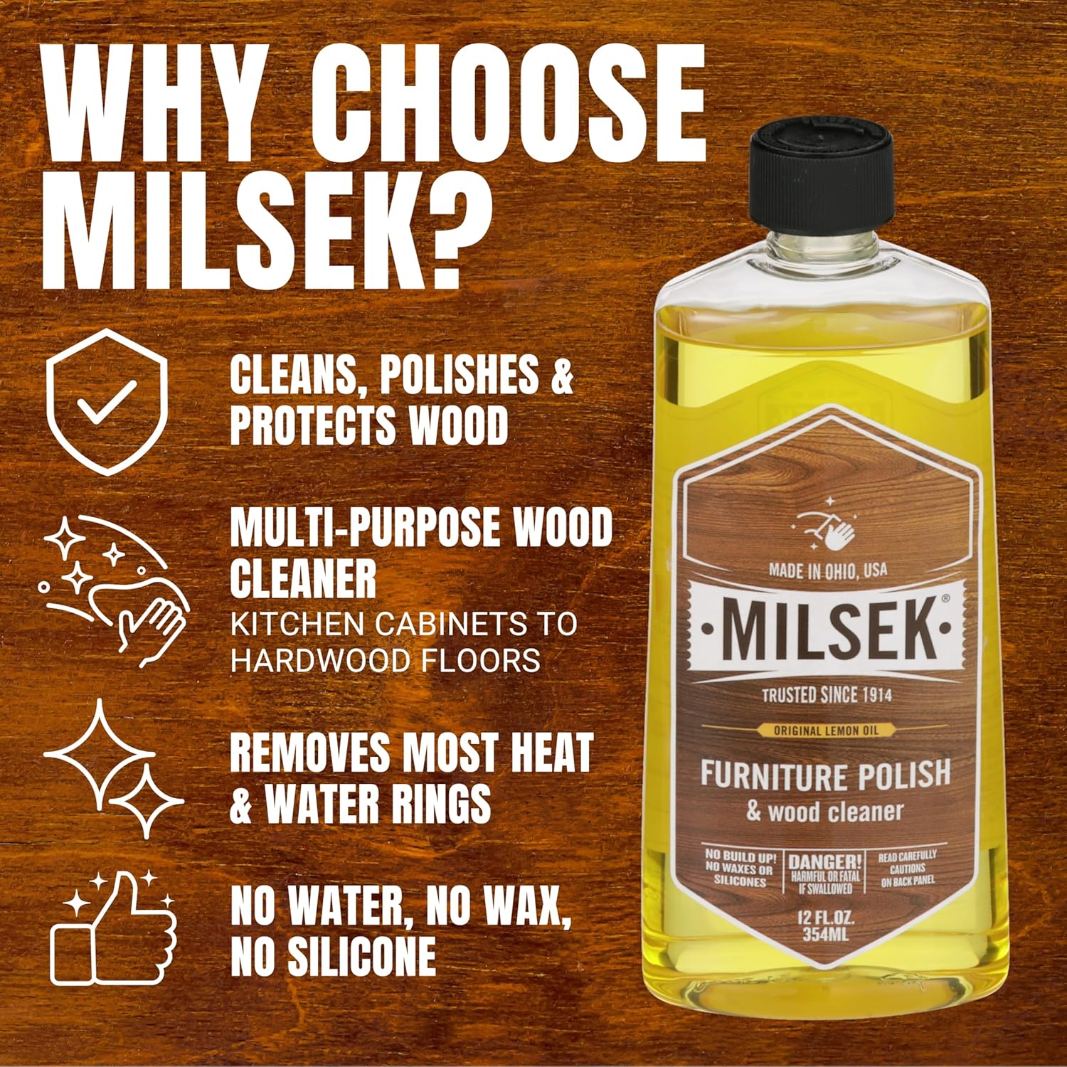 Milsek Furniture Polish and Wood Cleaner with Lemon Oil - Multipurpose Solution for Home