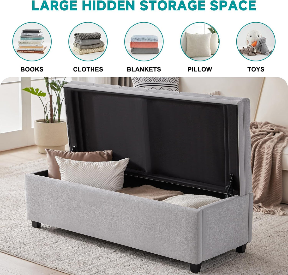 50" Storage Ottoman Bench, Tufted Ottoman with Storage for Living Room, Large End of Bed Ottomans