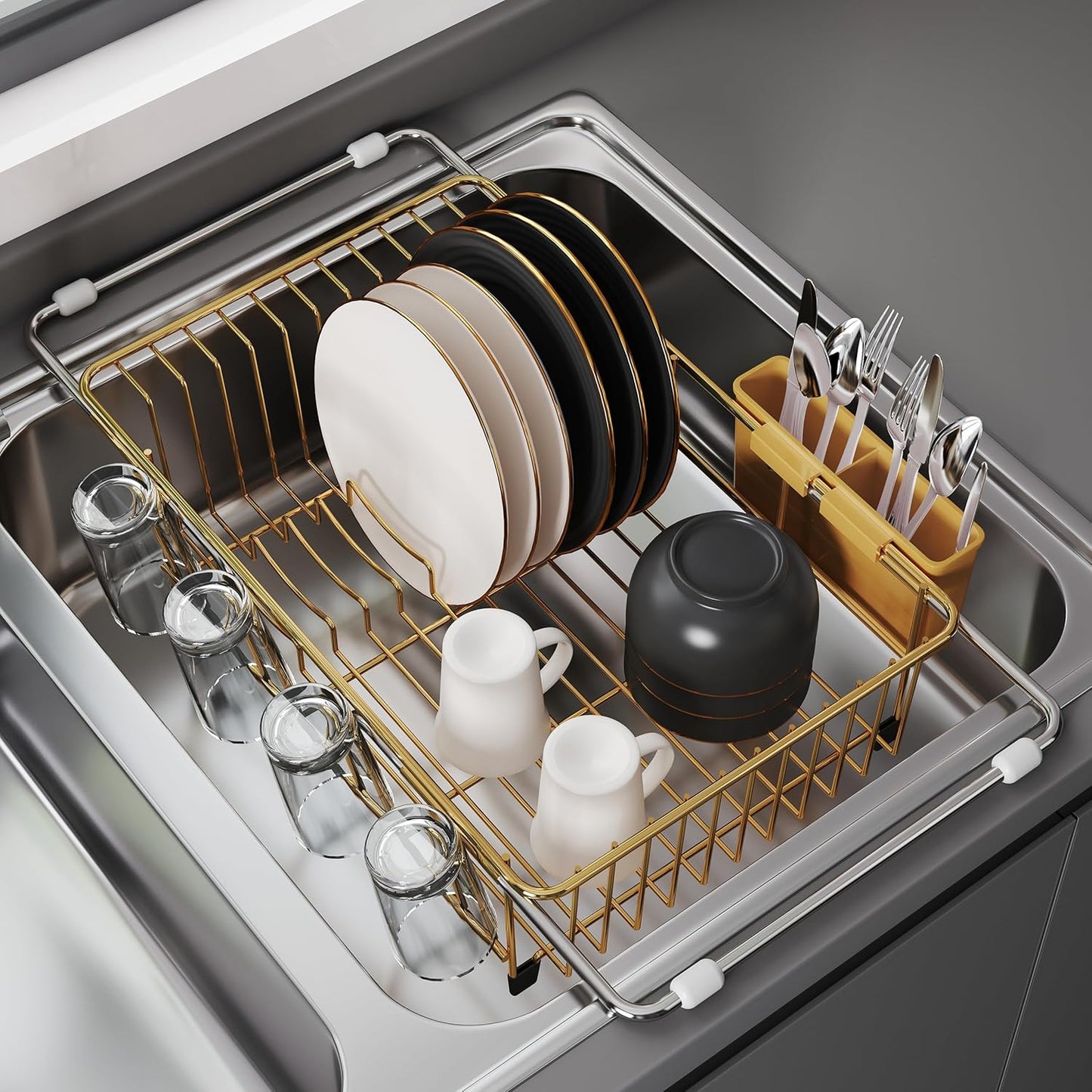 JASIWAY Sink Dish Drying Rack, Expandable Stainless Steel Dish Rack Over Sink, Kitchen Sink Drain
