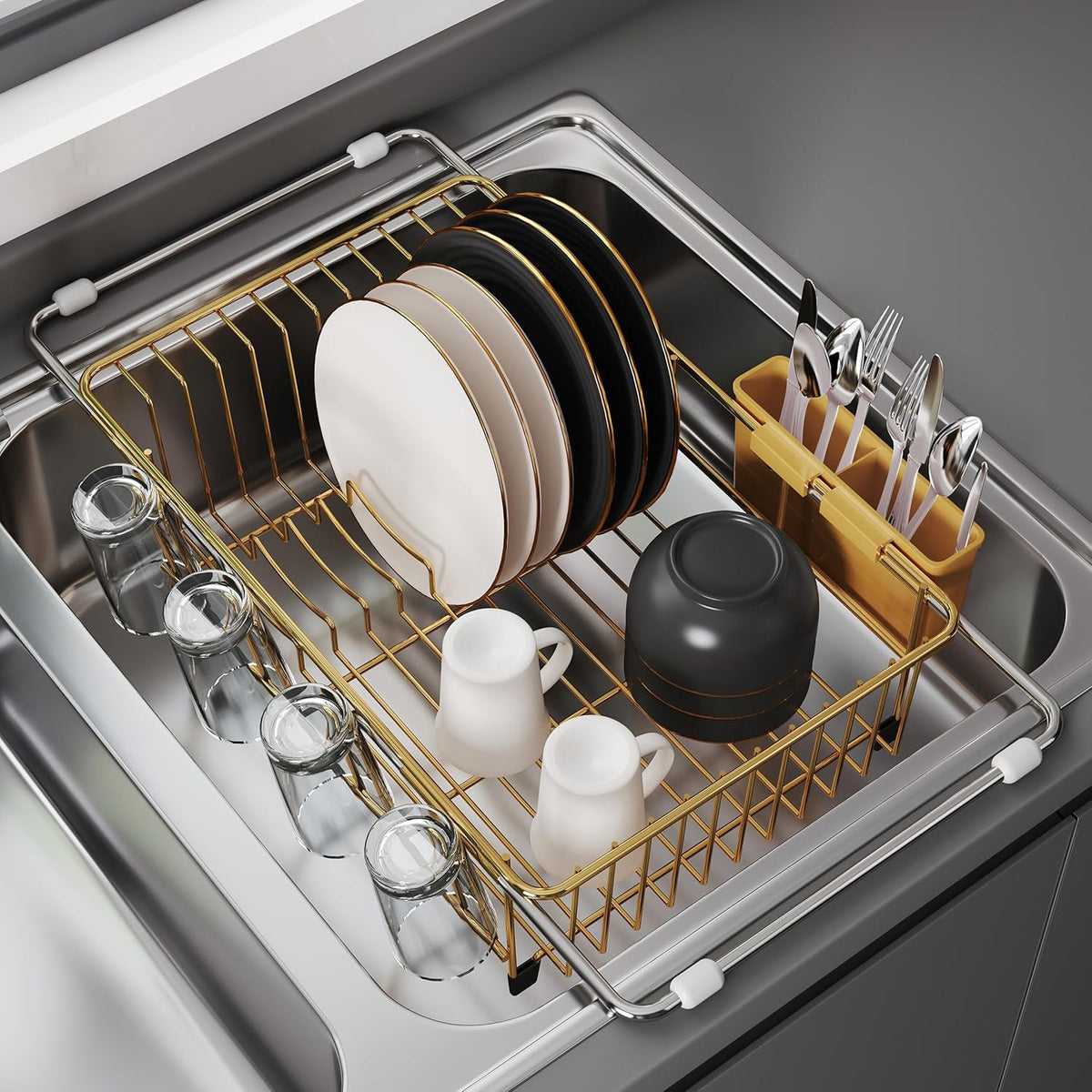 JASIWAY Sink Dish Drying Rack, Expandable Stainless Steel Dish Rack Over Sink, Kitchen Sink Drain