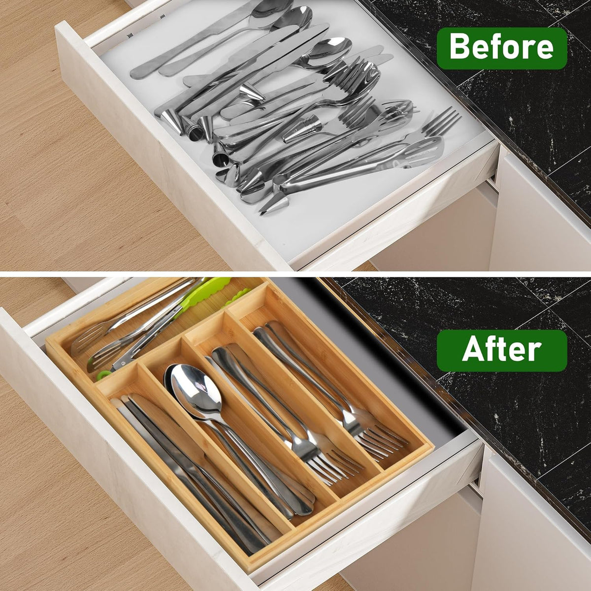 LotFancy Bamboo Kitchen Drawer Organizer, 9.5 Inch Silverware Tray for Small Drawer, Utensil