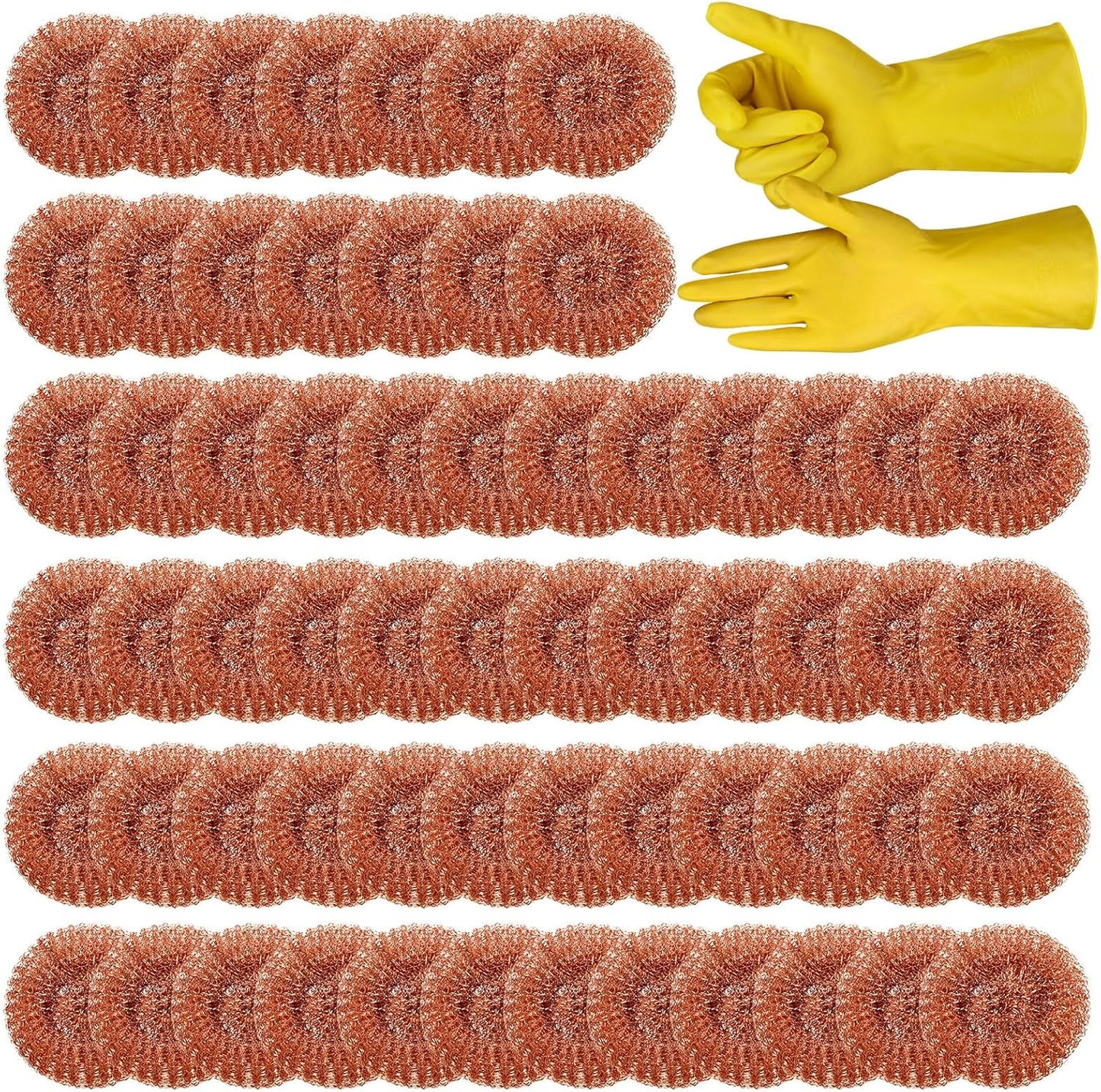 Hushee 50 Pack Copper Coated Scourers Rust Resistant Scrubbing Scouring Pad with 1 Pair of Rubber