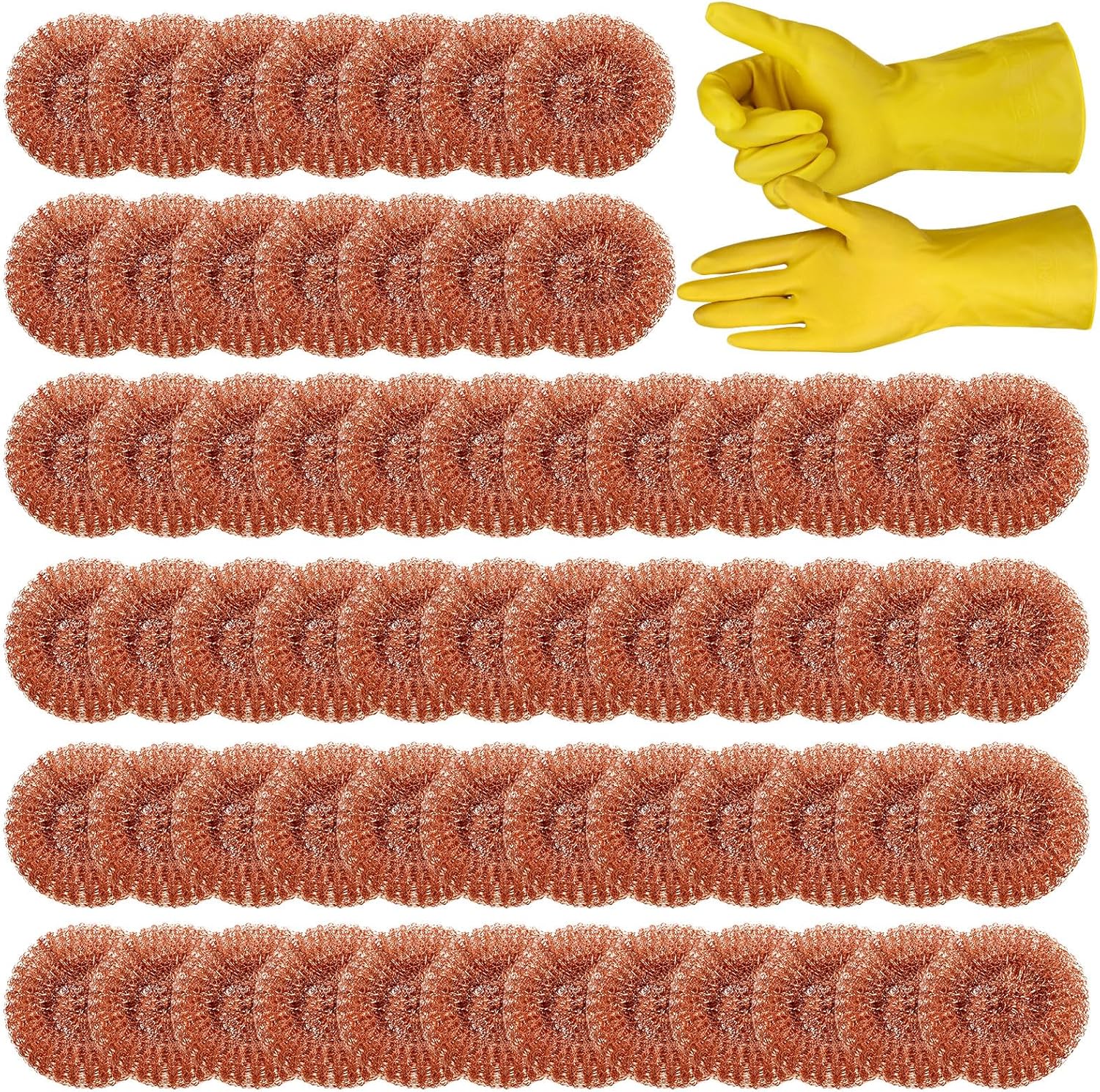 Hushee 50 Pack Copper Coated Scourers Rust Resistant Scrubbing Scouring Pad with 1 Pair of Rubber
