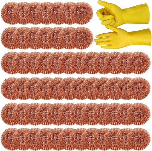 Hushee 50 Pack Copper Coated Scourers Rust Resistant Scrubbing Scouring Pad with 1 Pair of Rubber