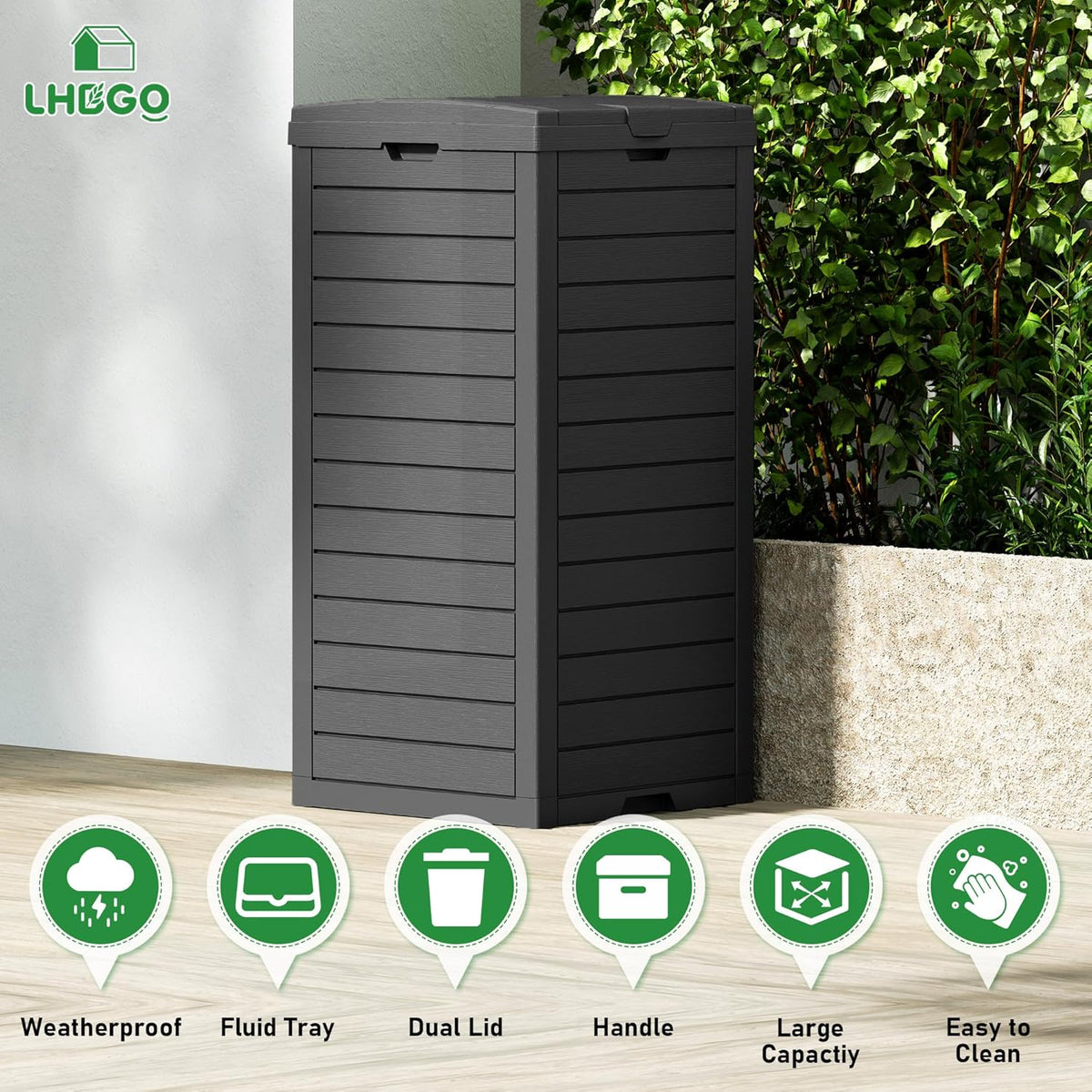 Outdoor Trash Can, 31 Gallon Garbage Can with Tiered Lid and Drip Tray, Waterproof Resin Patio