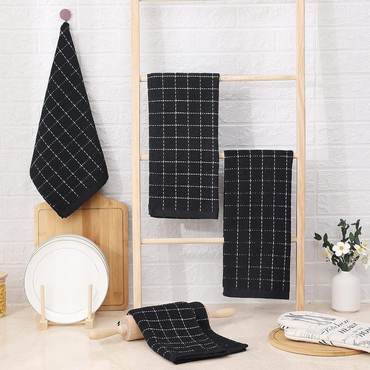 Homaxy 100% Cotton Terry Kitchen Towels(Black, 13 x 28 inches), Checkered Designed, Soft and Super