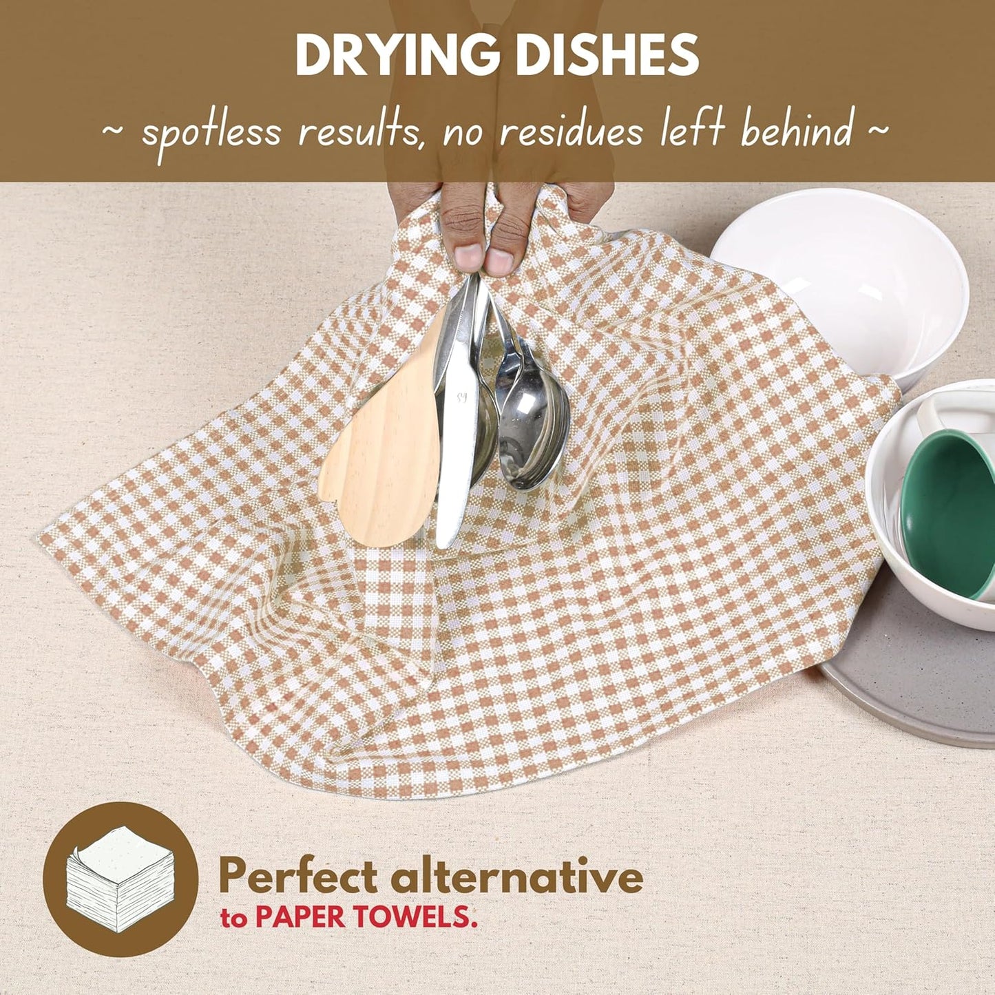 Native Fab 6 Pack Gingham Mini Check Kitchen Hand Towels Set - 100% Cotton Absorbent Reusable