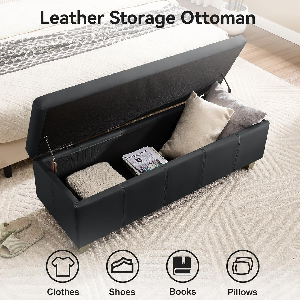51" Faux Leather Storage Ottoman, Stitch Tufted Rectangle Upholstered End of Bed Storage Bench