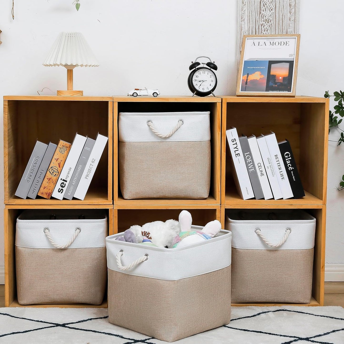 13 x 13 Inch Cube Storage Bins, 4 Pack Large Collapsible Fabric Storage Bin with Ropes, Foldable