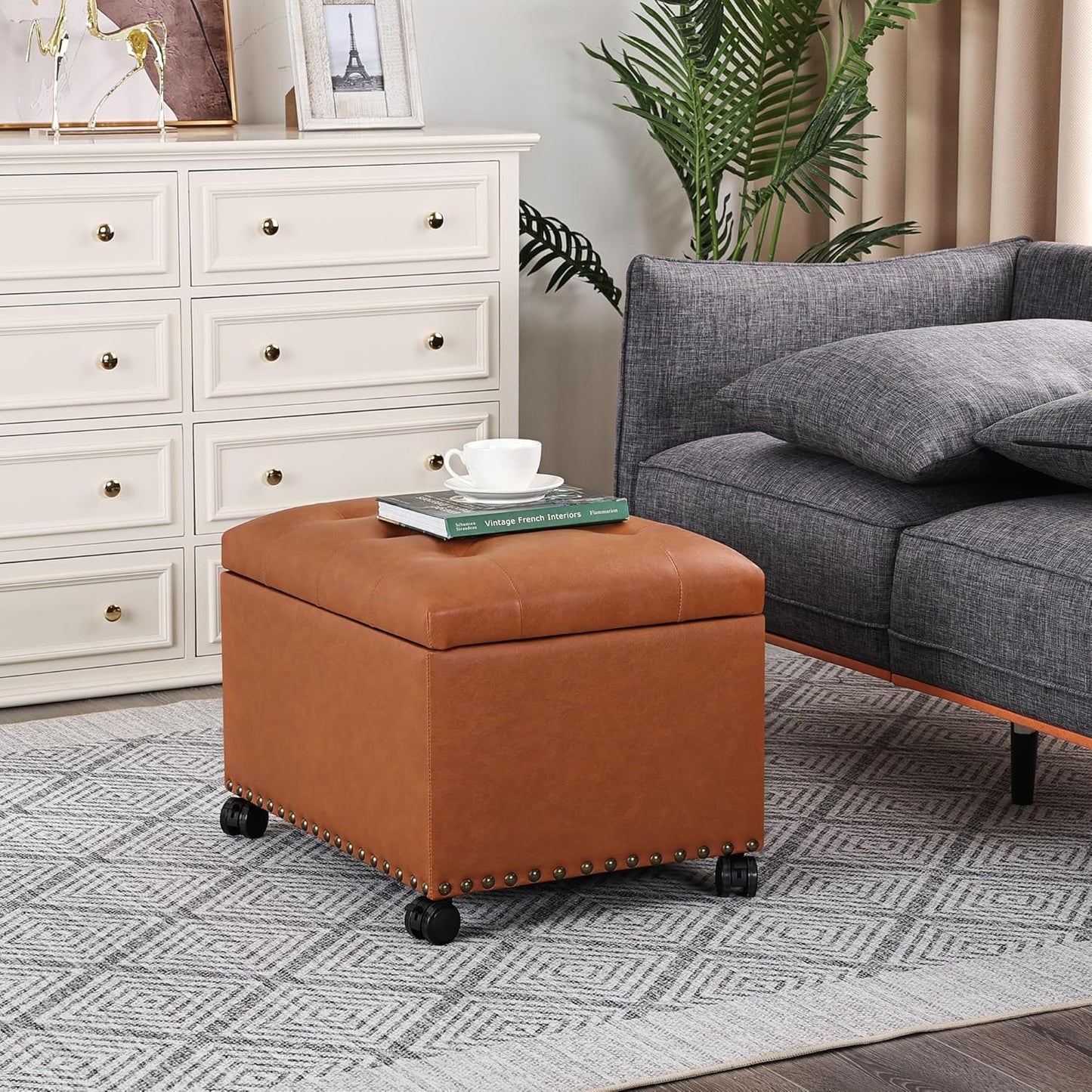 24" Square Ottomans with Storage, Leather Ottoman with Storage with Lockable Wheels and Hight