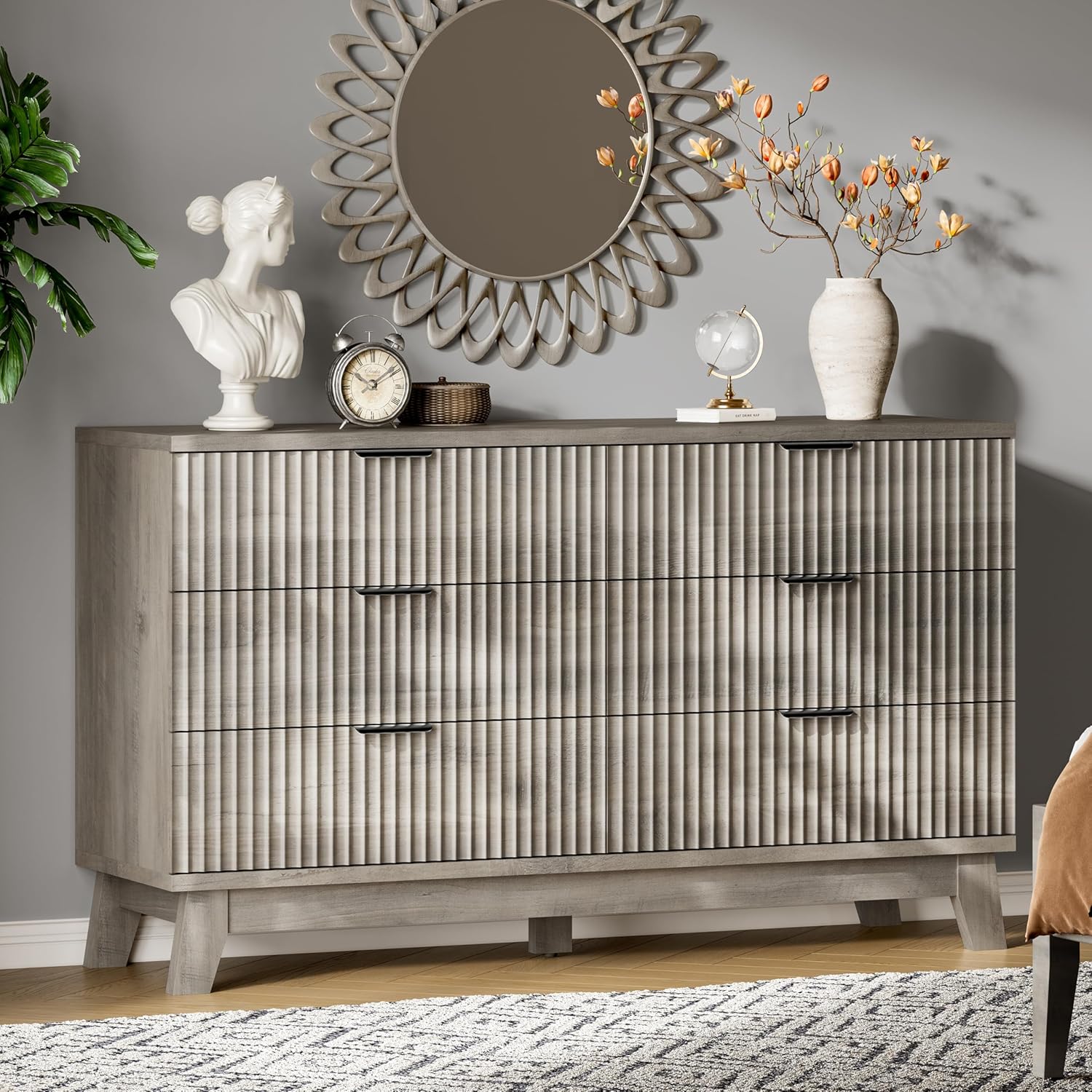Fluted Dresser with 6 Drawers, 54" Wide Modern Chest of Drawers with Metal Handle, Wooden Dresser