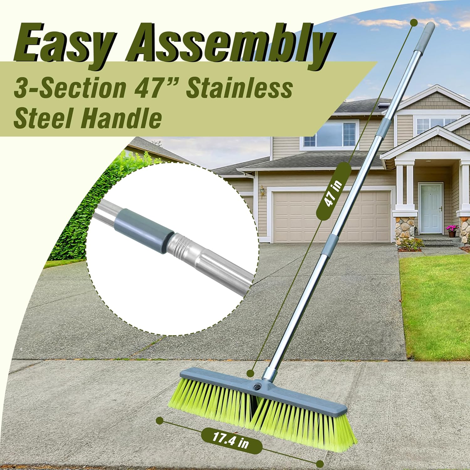 PHYEX 18" Push Broom with 47" Long Handle, Multi-Surface Floor Scrub Brush for Cleaning Deck