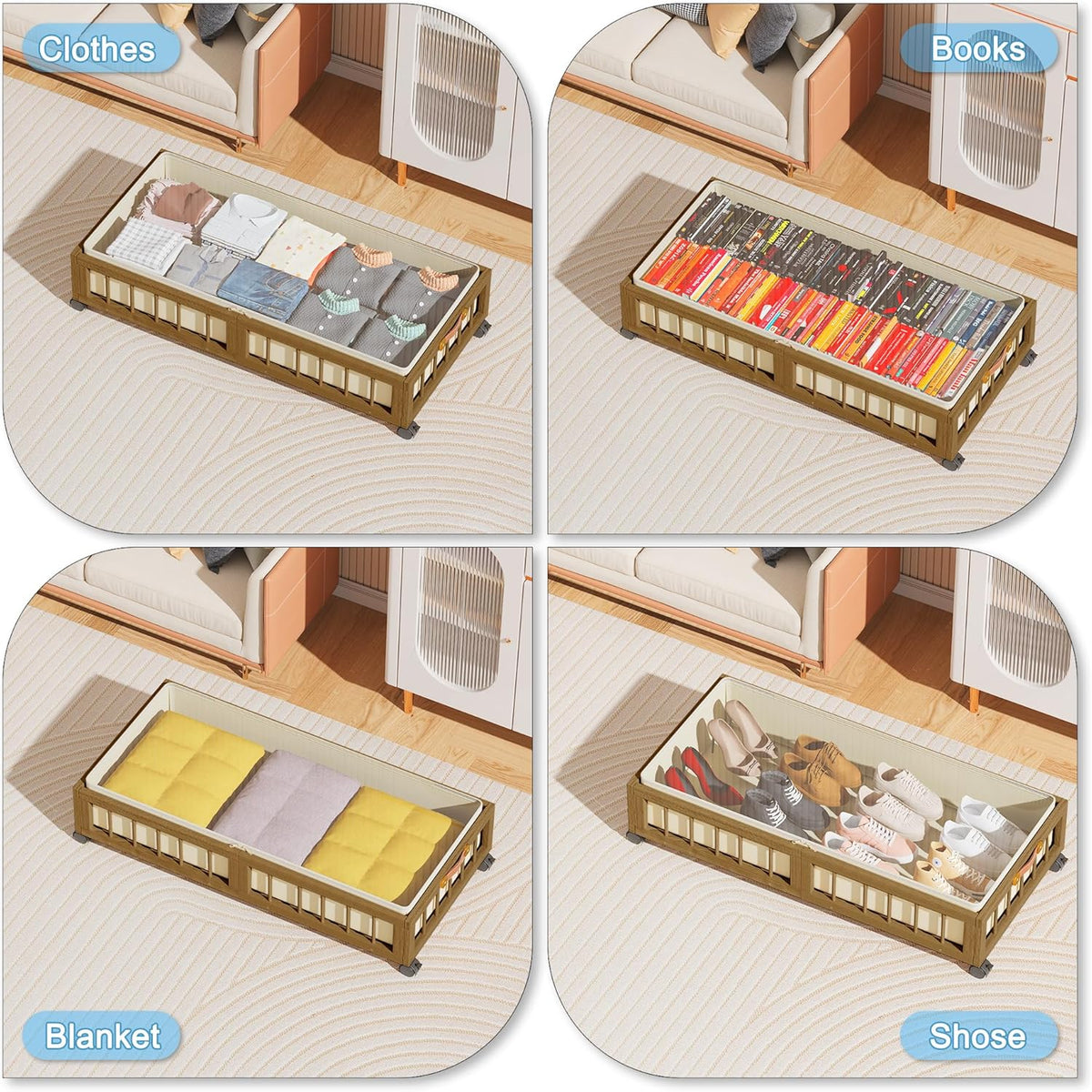 efluky 2-Pack Bamboo Under Bed Storage with Wheels, Rolling UnderBed Storage Basket with Large Dust