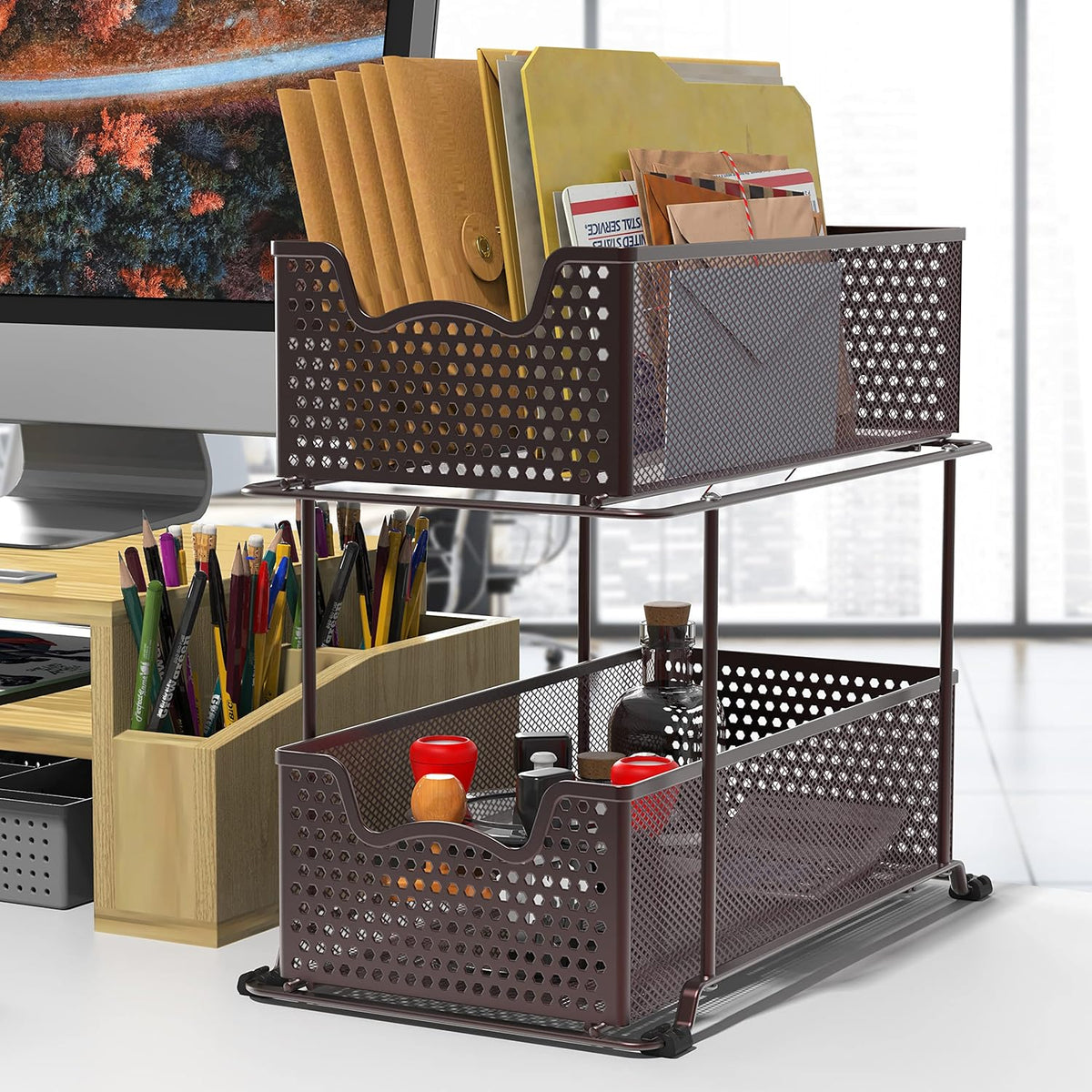 SIMPLE HOUSEWARE 2 Tier Sliding Cabinet Basket Organizer Drawer, Bronze