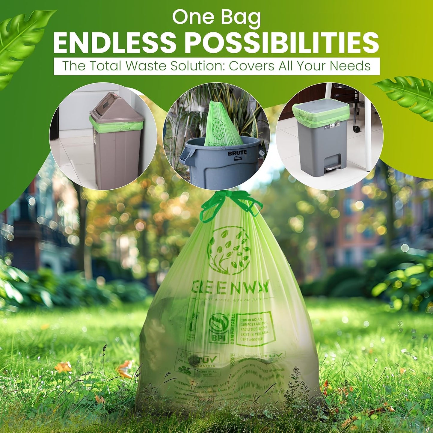GREENWAY 13 Gallon Compostable Trash Bags Drawstring, 50 Bags, Heavy Duty Extra Thick 0.90 Mil