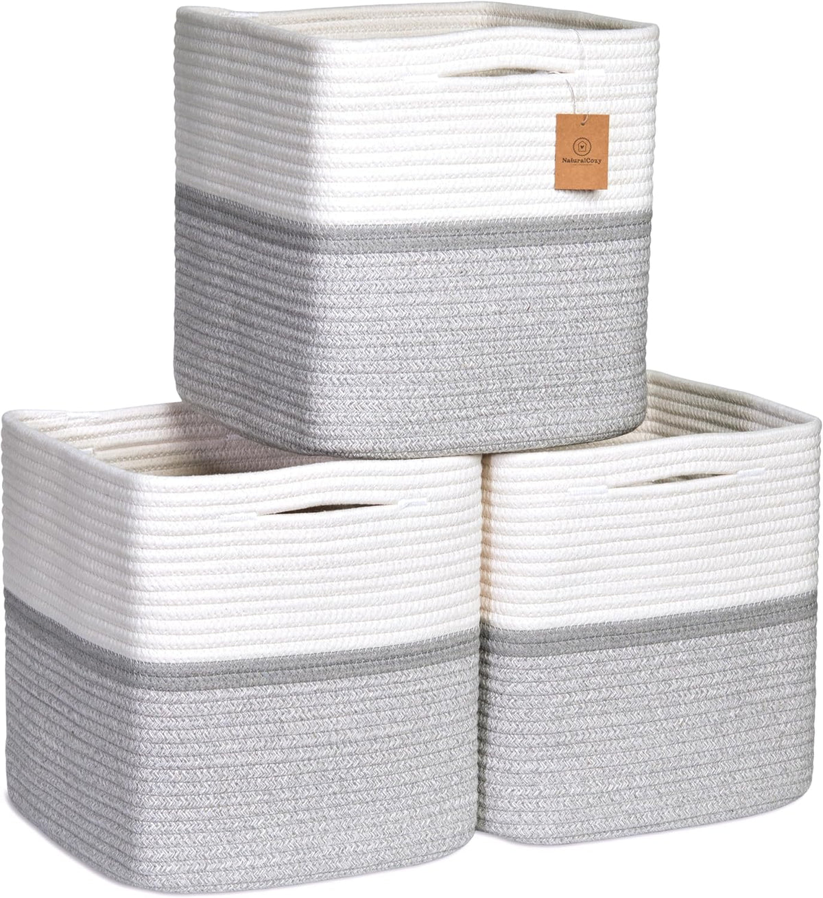 NaturalCozy Storage Cubes 11 Inch Cotton Rope Woven Baskets for Organizing, 3-Pack | Cube Storage
