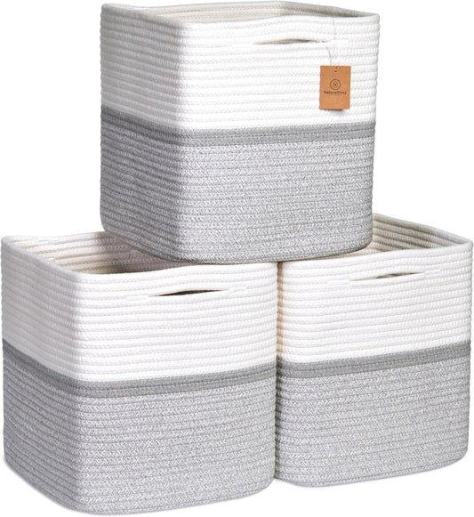 NaturalCozy Storage Cubes 11 Inch Cotton Rope Woven Baskets for Organizing, 3-Pack | Cube Storage