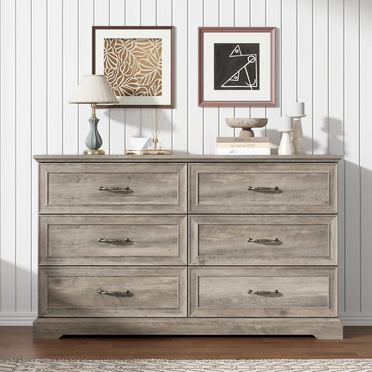 6 Drawer Dresser for Bedroom, 53" Wide Wooden Chest of Drawers, Rustic Farmhouse Dresser with Large
