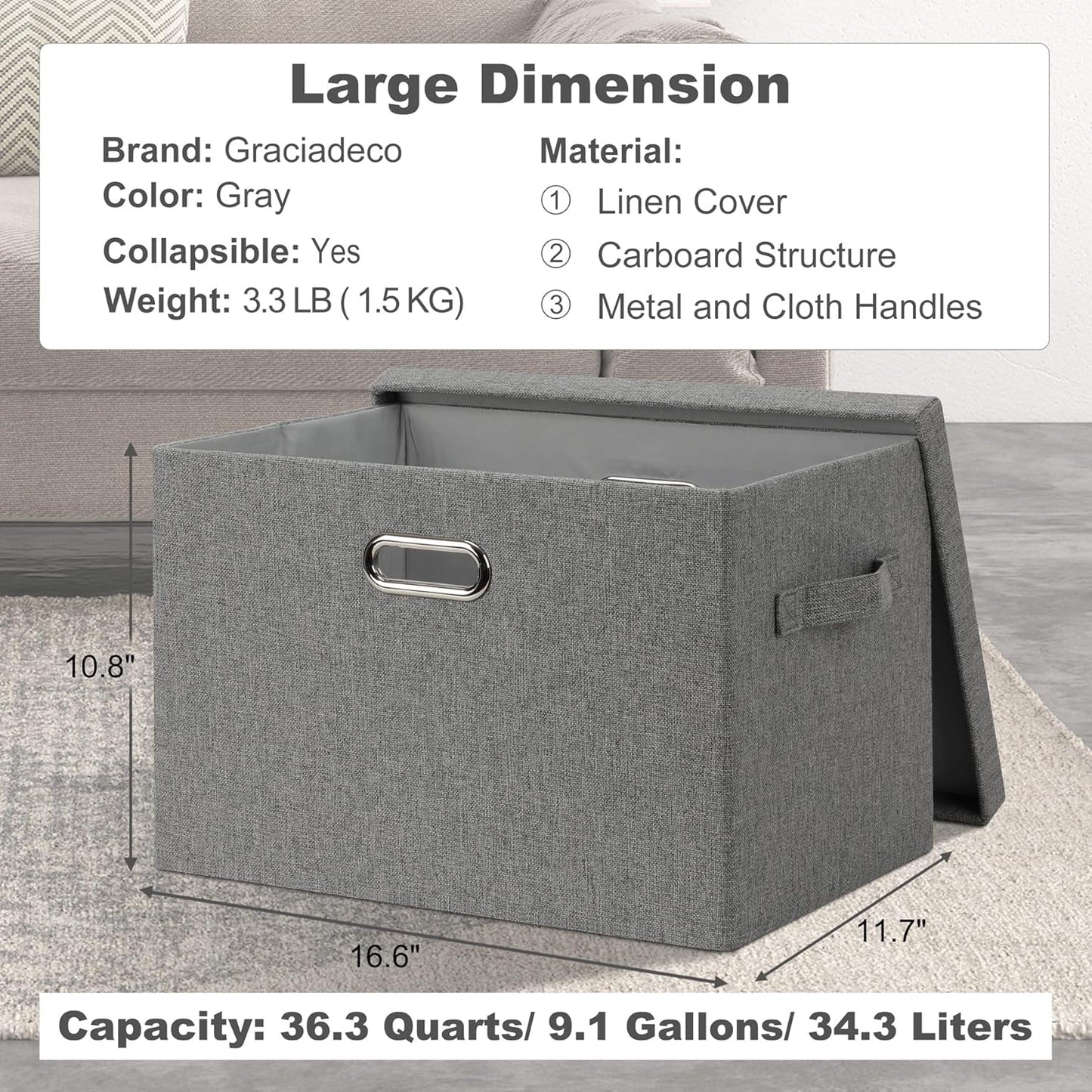 Large 17" 36 Quart Collapsible Stackable Storage Bins with Lids, 1 Pack Grey Foldable Fabric Closet