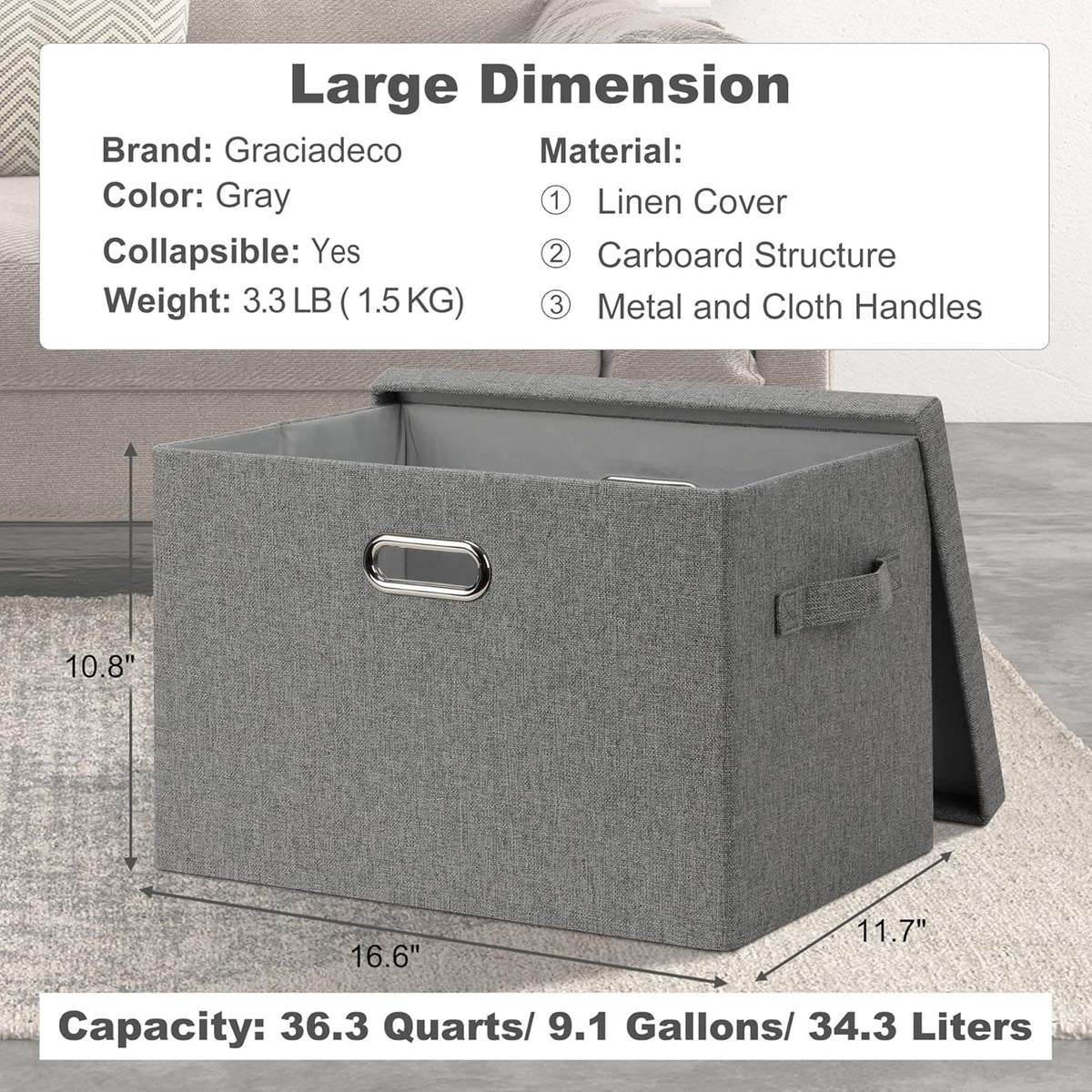 Large 17" 36 Quart Collapsible Stackable Storage Bins with Lids, 1 Pack Grey Foldable Fabric Closet