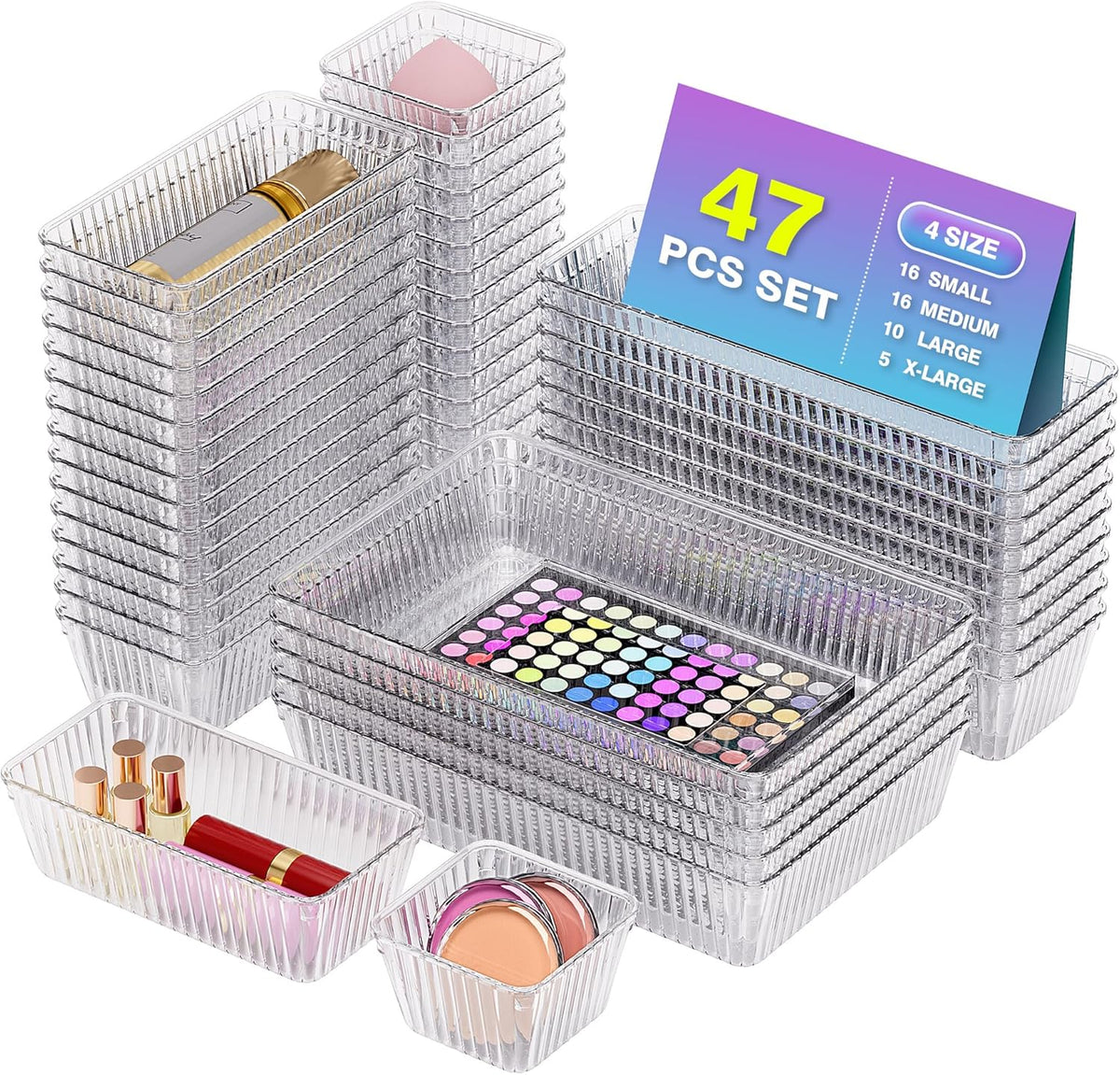 47 PCS Clear Plastic Drawer Organizer Set - 4 Sizes Makeup Organizer Desk Drawer Divider Bathroom