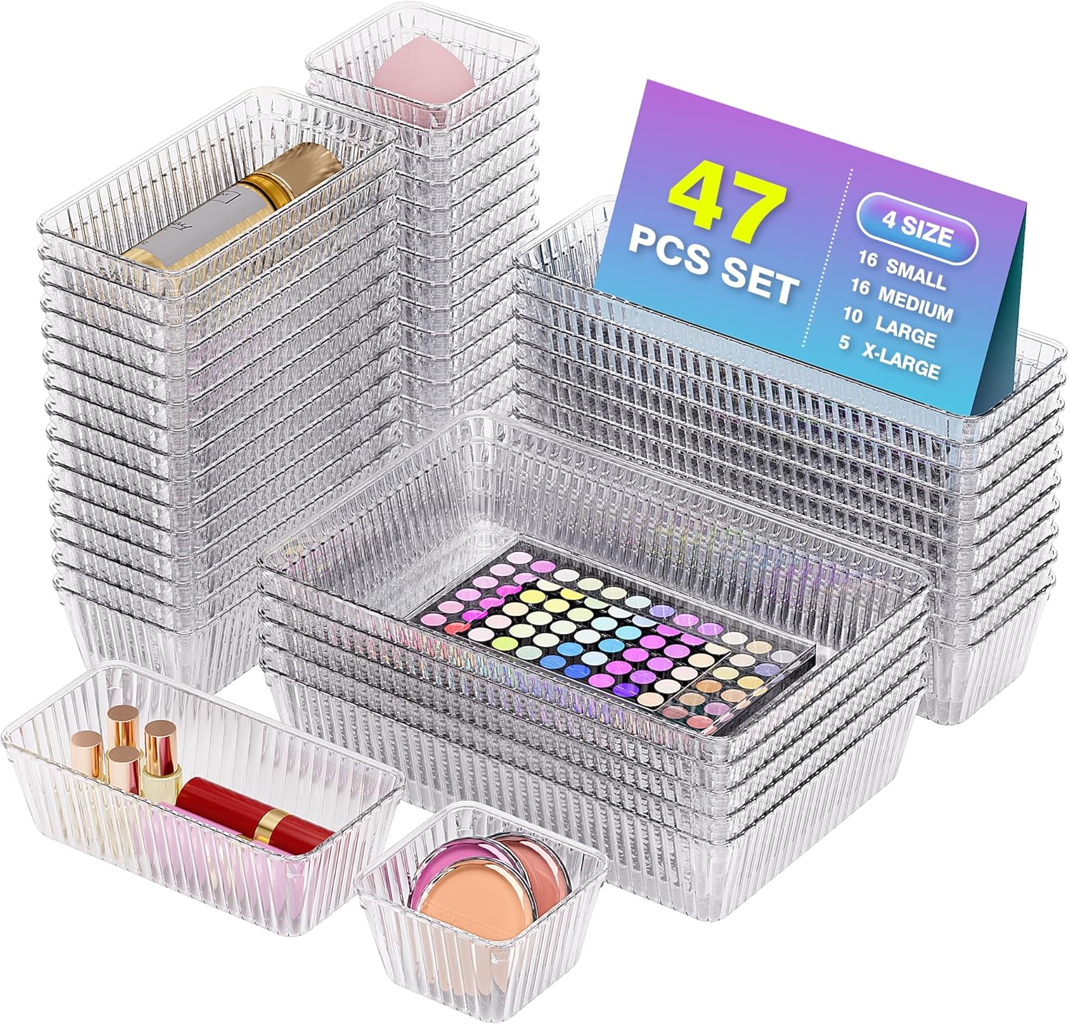 47 PCS Clear Plastic Drawer Organizer Set - 4 Sizes Makeup Organizer Desk Drawer Divider Bathroom