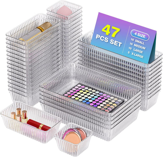 47 PCS Clear Plastic Drawer Organizer Set - 4 Sizes Makeup Organizer Desk Drawer Divider Bathroom