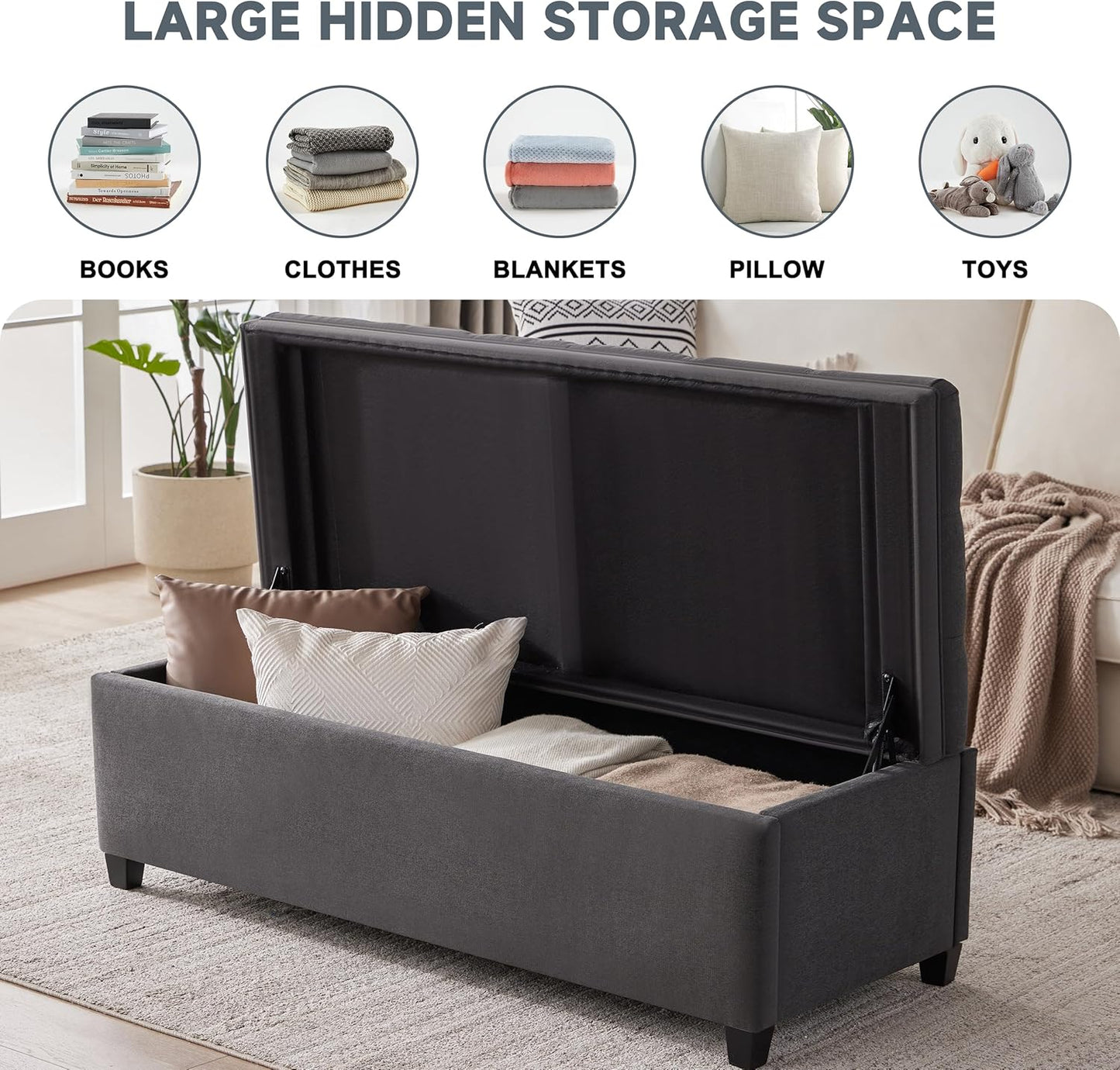 50" Storage Ottoman Bench, Tufted Ottoman with Storage for Living Room, Large End of Bed Ottomans