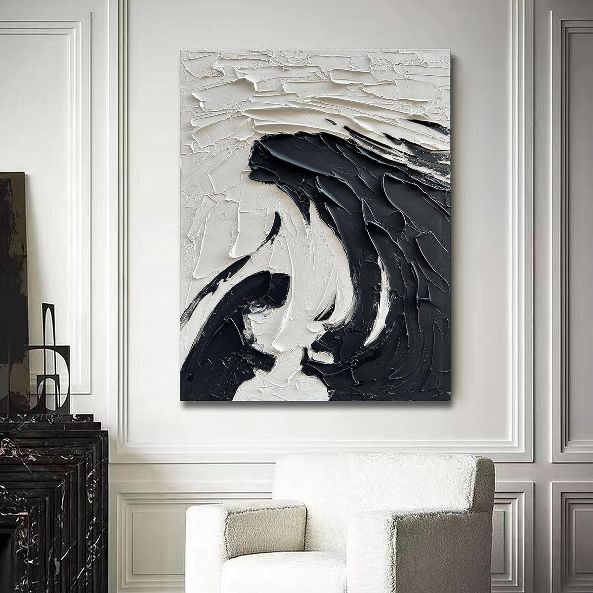 NANKAI 40x28 inch Minimalist Black and White Abstract Painting 100% Hand-Painted Modern Wall Deco