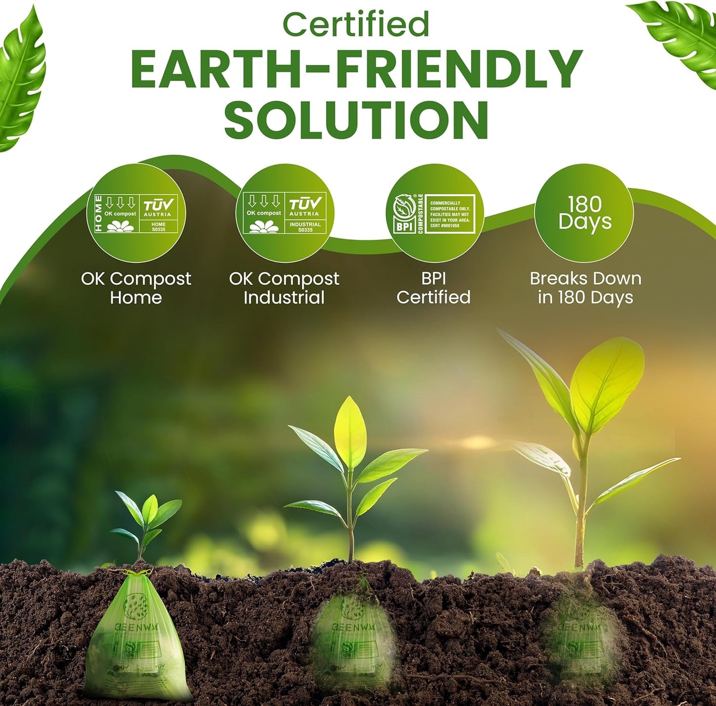 GREENWAY 13 Gallon Compostable Trash Bags Drawstring, 50 Bags, Heavy Duty Extra Thick 0.90 Mil