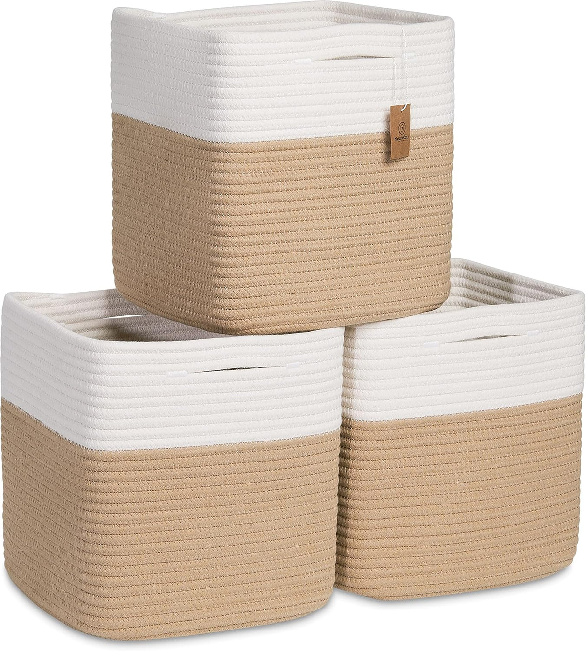 NaturalCozy Storage Cubes 11 Inch Cotton Rope Woven Baskets for Organizing, 3-Pack | Cube Storage