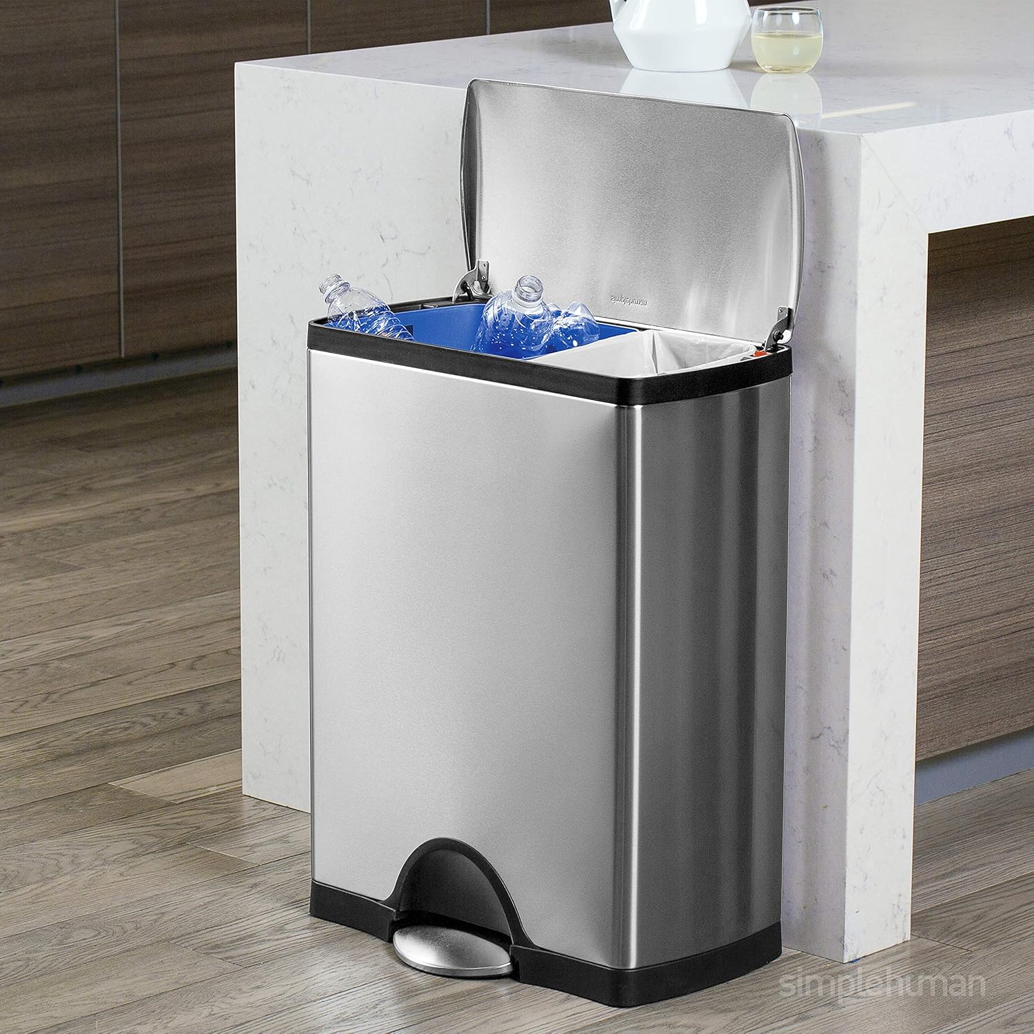 simplehuman Rectangular Dual Compartment Recycling Kitchen Step Trash Can, 46 Liter, Brushed