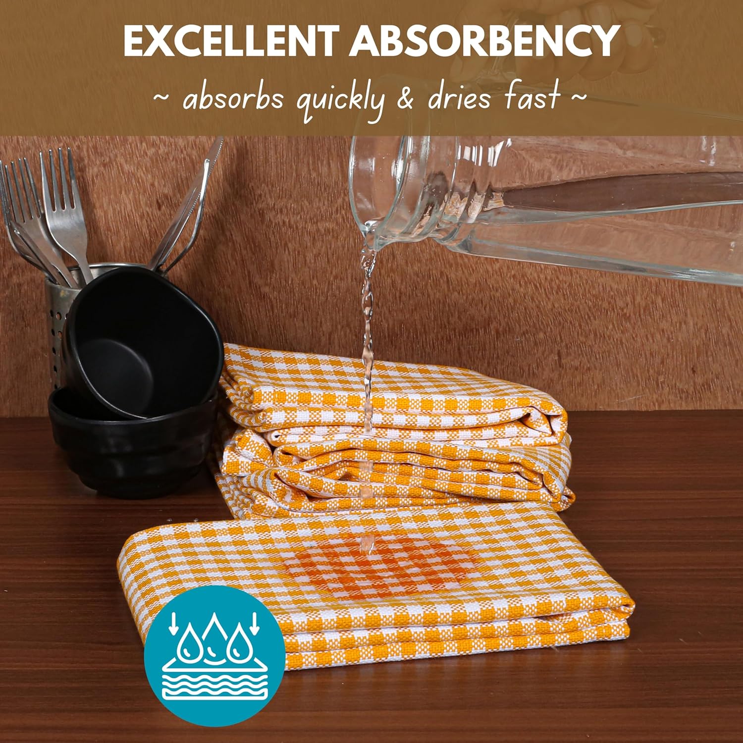 Native Fab 4 Pack Yellow Gingham Cotton Dish Towels 16"x26" - Absorbent Kitchen Linen Towels with