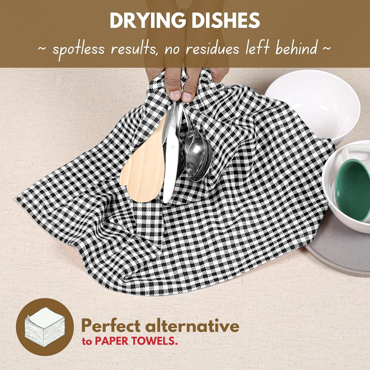 Native Fab Black Gingham Dish Towels 16"x26" Set of 12 - Cotton Mini Check Plaid Towels, Soft
